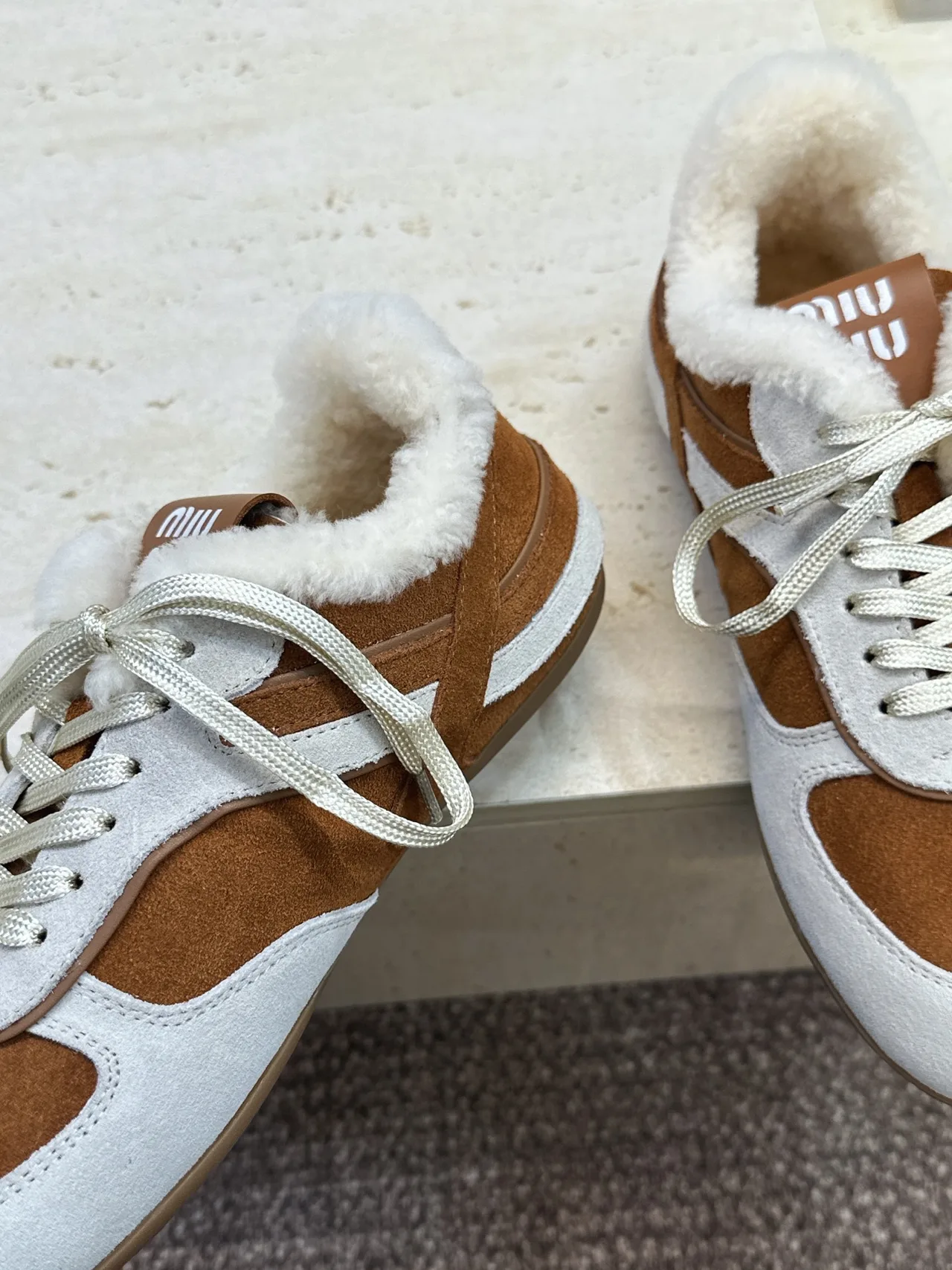 Miu Miu Striped Suede-Look Round-Toe Sneakers in Brown · view 7