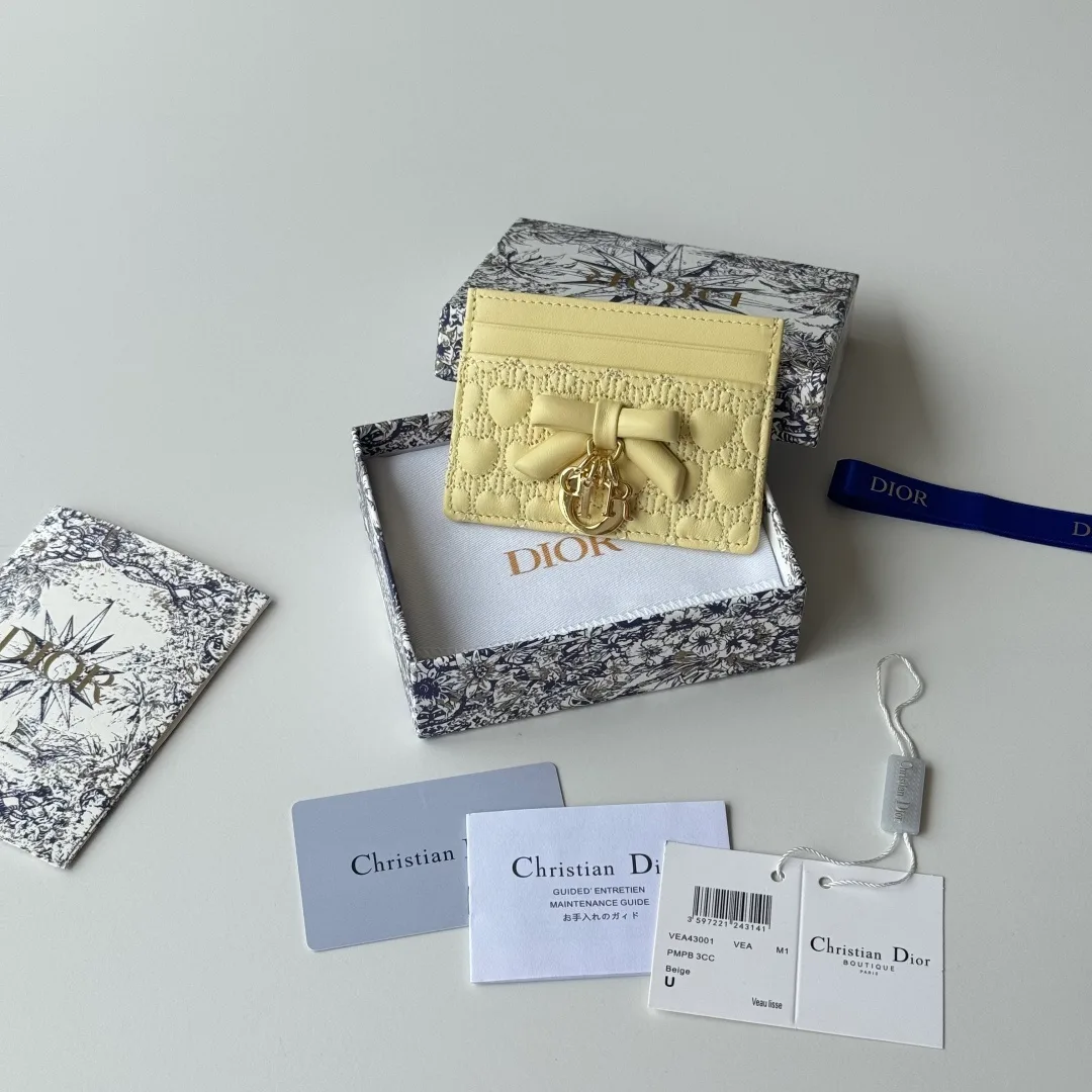 Dior Lambskin Quilted Bow Cardholder in Yellow · view 1
