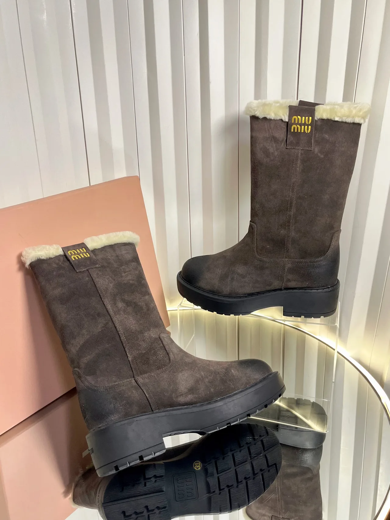 Miu Miu Calfskin Glossy Suede-Look Round-Toe Boots in Brown · view 6