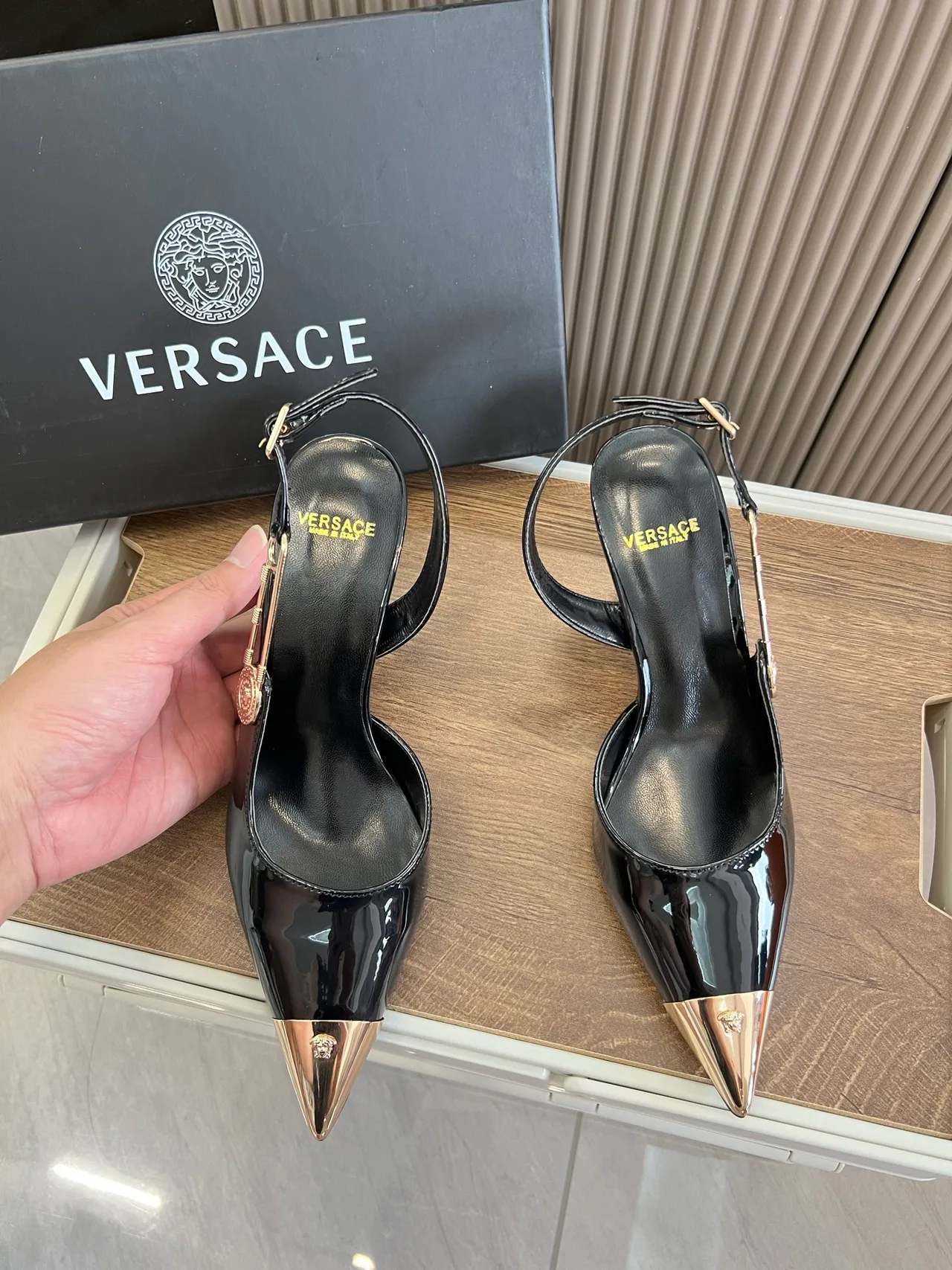 Versace Glossy Pointed-Toe Pointed Slingback Pumps in Black · view 2