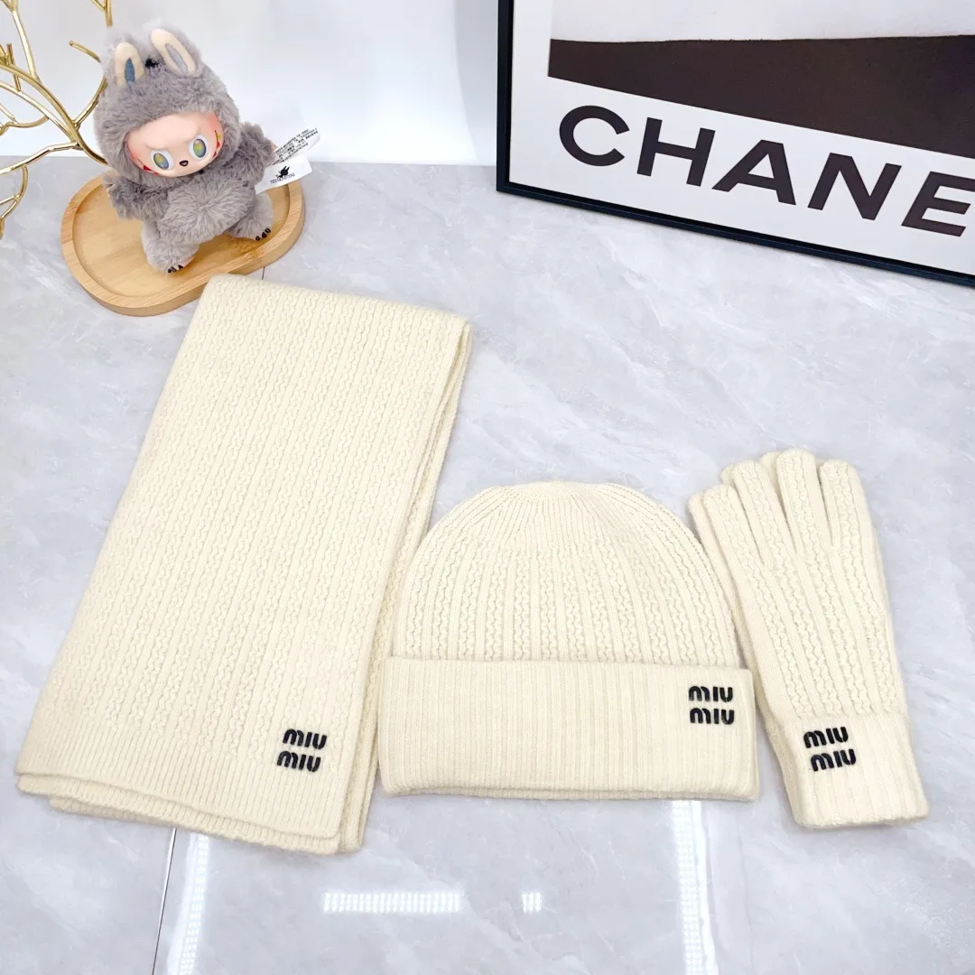 Miu Miu Wool Ribbed Embroidered Hat Scarf and Gloves Set in White · view 1