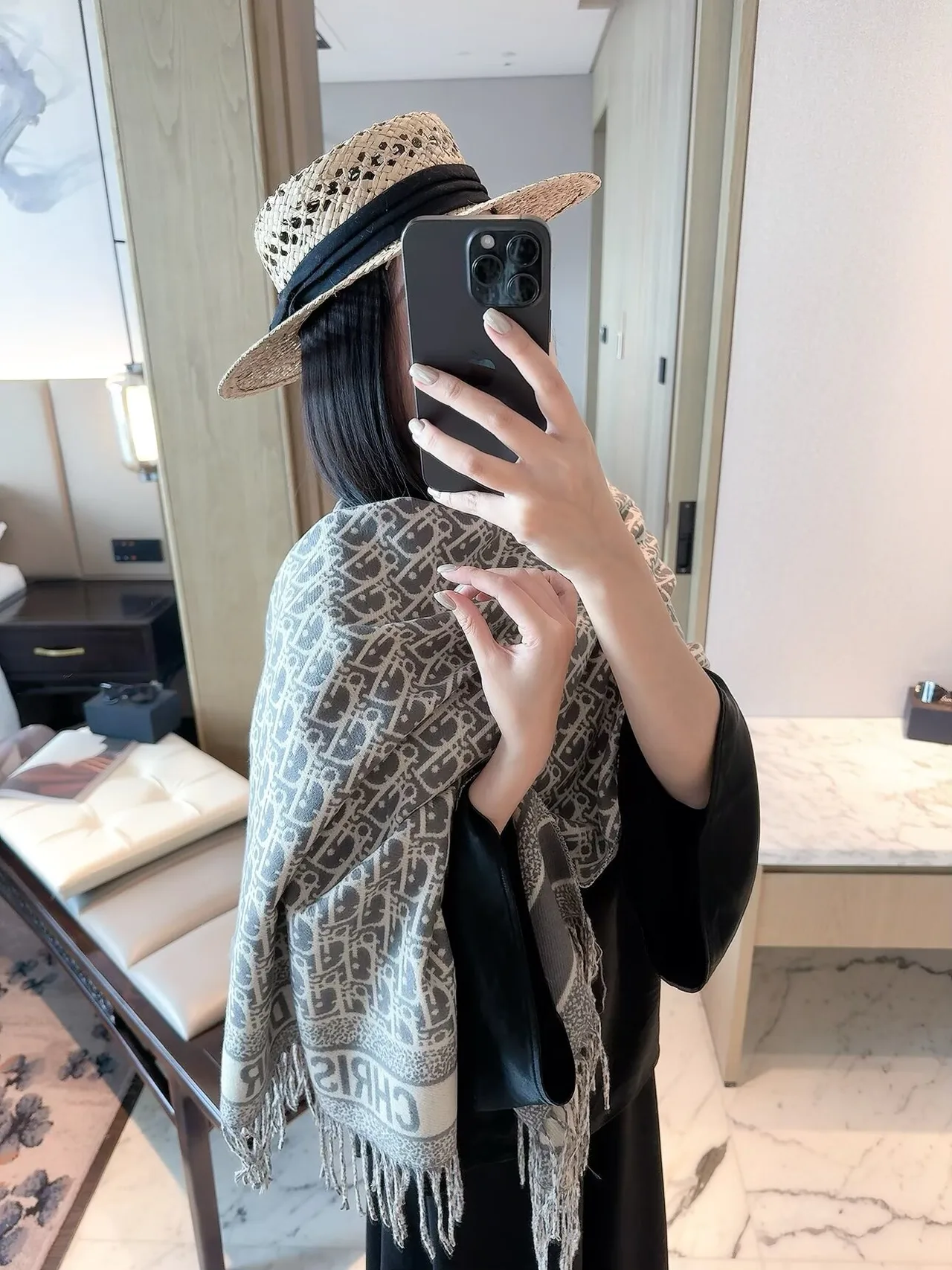 Dior Oblique Fringe Scarf in Grey & Beige · view 3