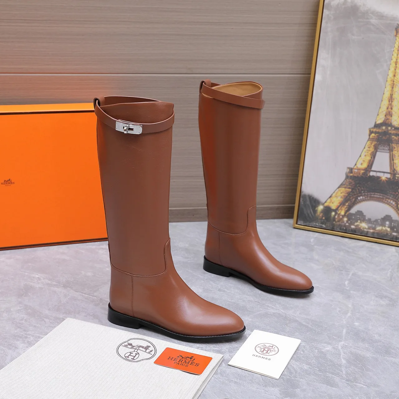 Hermes Cowhide Glossy Buckle Knee-High Boots in Brown · view 5