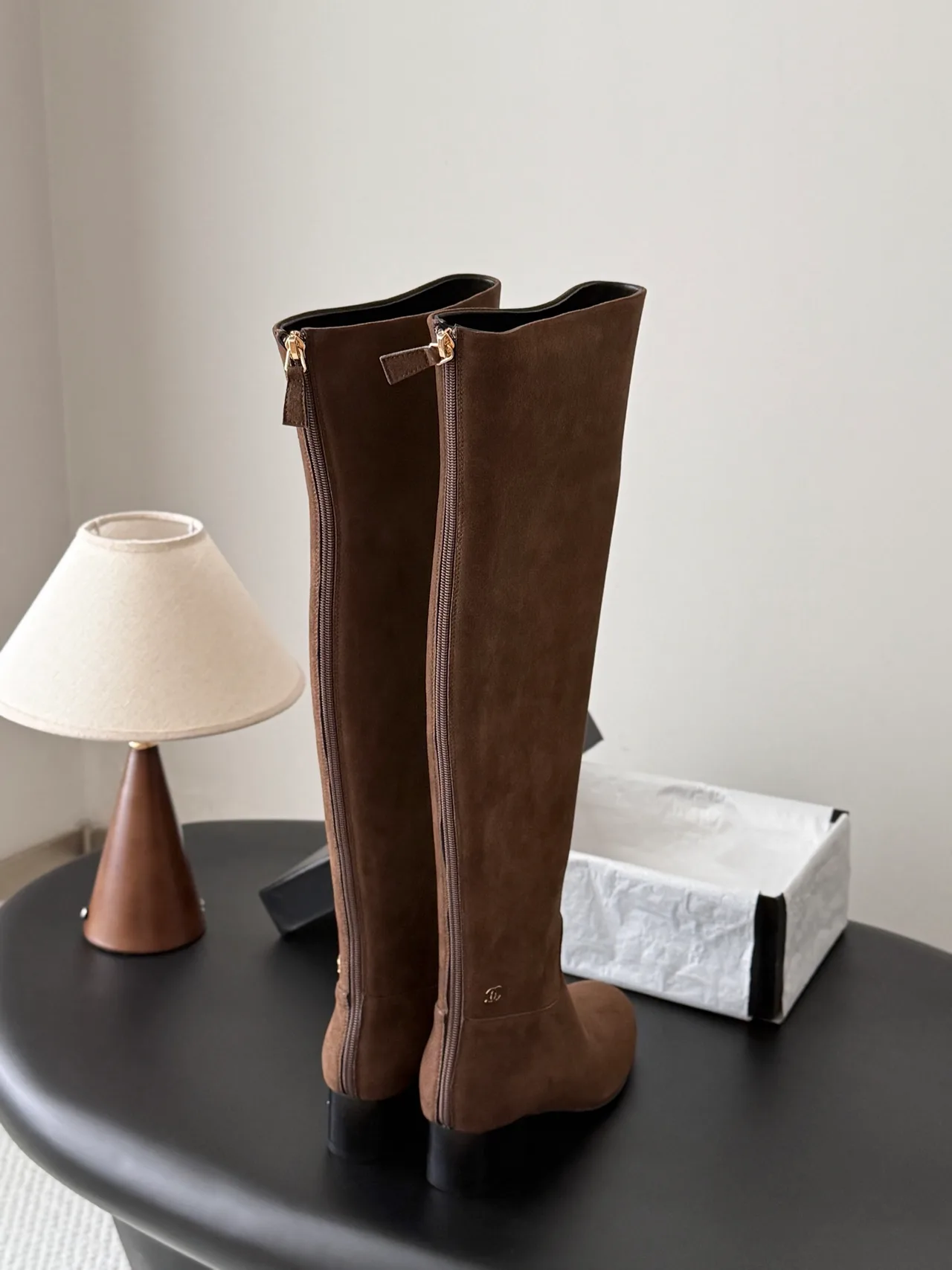 Chanel Sheepskin Glossy Suede-Look Pointed-Toe Knee-High Boots in Brown · view 3