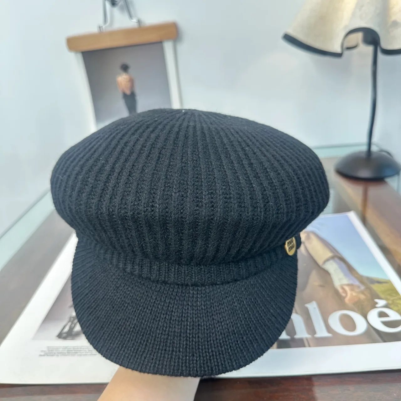 Miu Miu Ribbed Newsboy Cap in Black · view 4