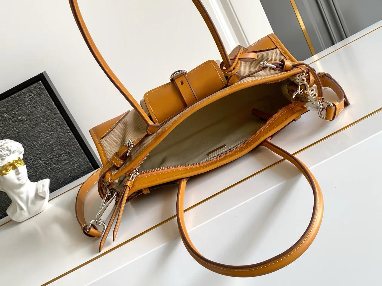 Prada Cowhide Belted Tote in Beige · view 8