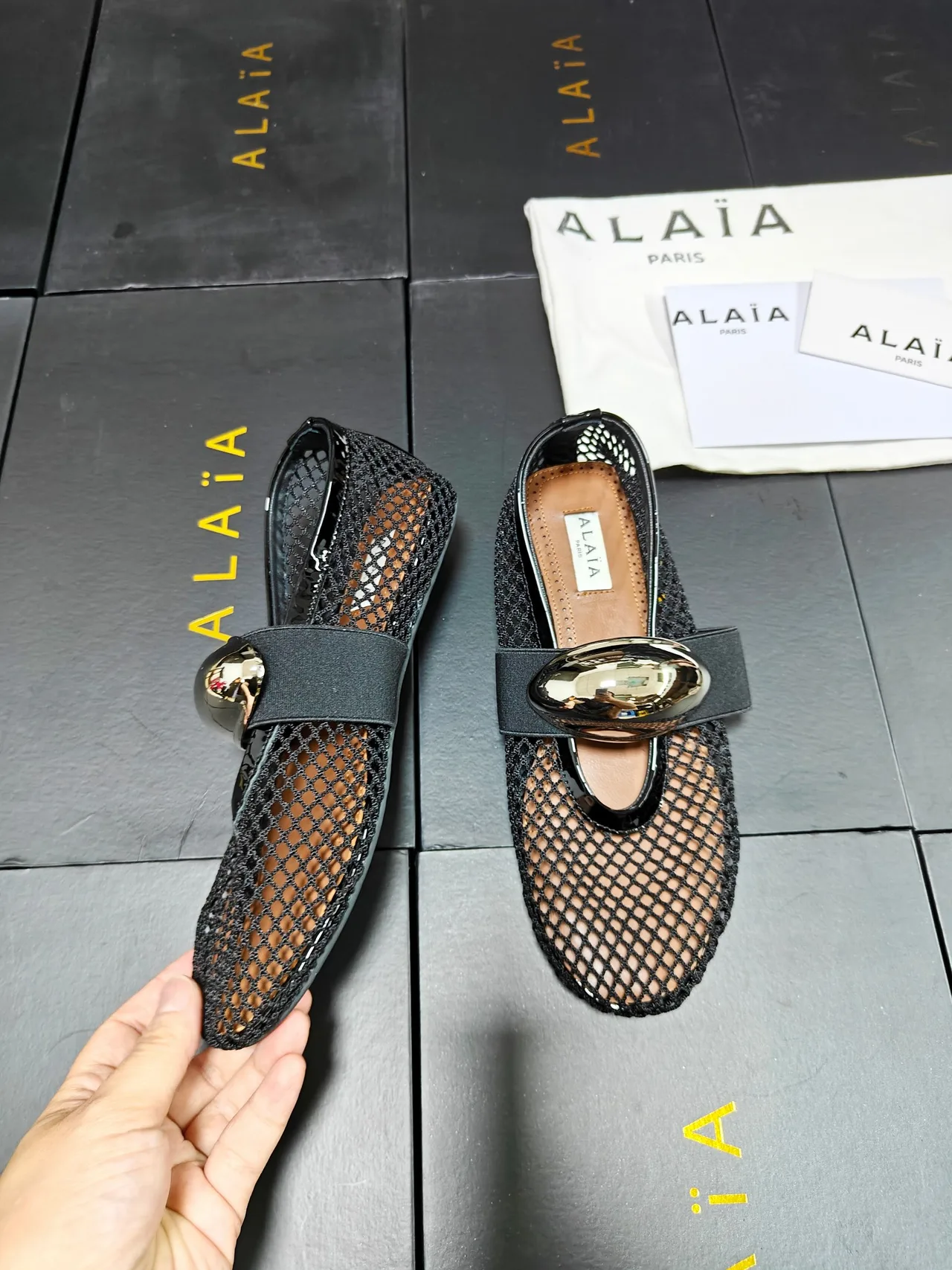 Alaia Cowhide Sheepskin Smooth Square-Toe Buckle Mary Jane Flats in Black · view 7