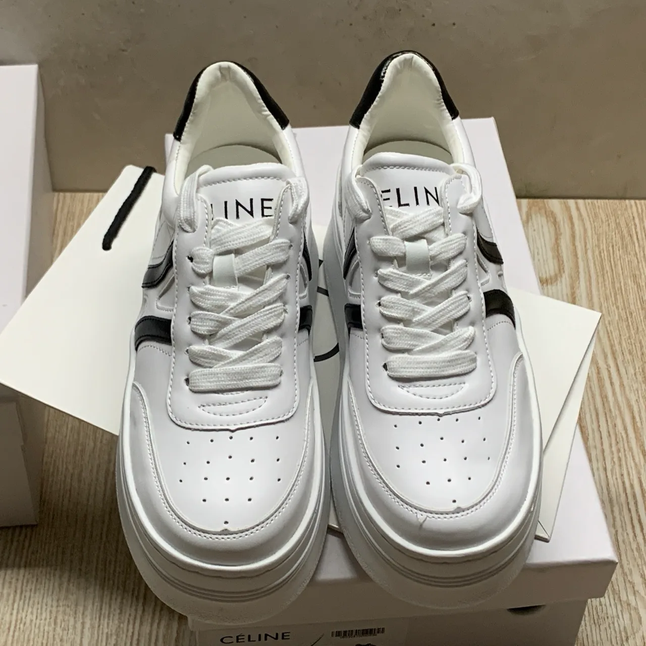 Celine Striped Lace-Up Sneakers in White · view 3