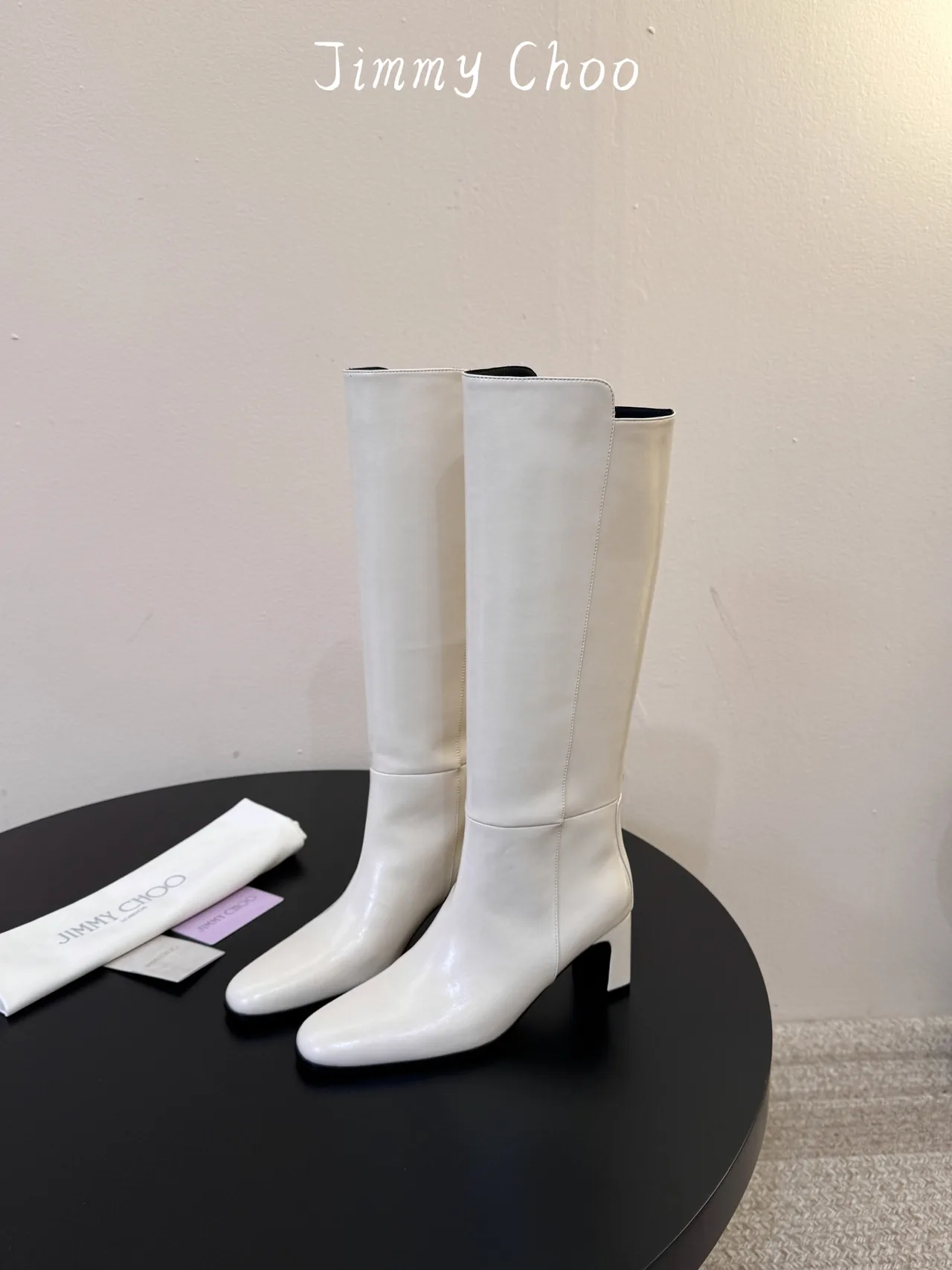 Jimmy Choo Cowhide Glossy Square-Toe Knee-High Boots in White · view 5