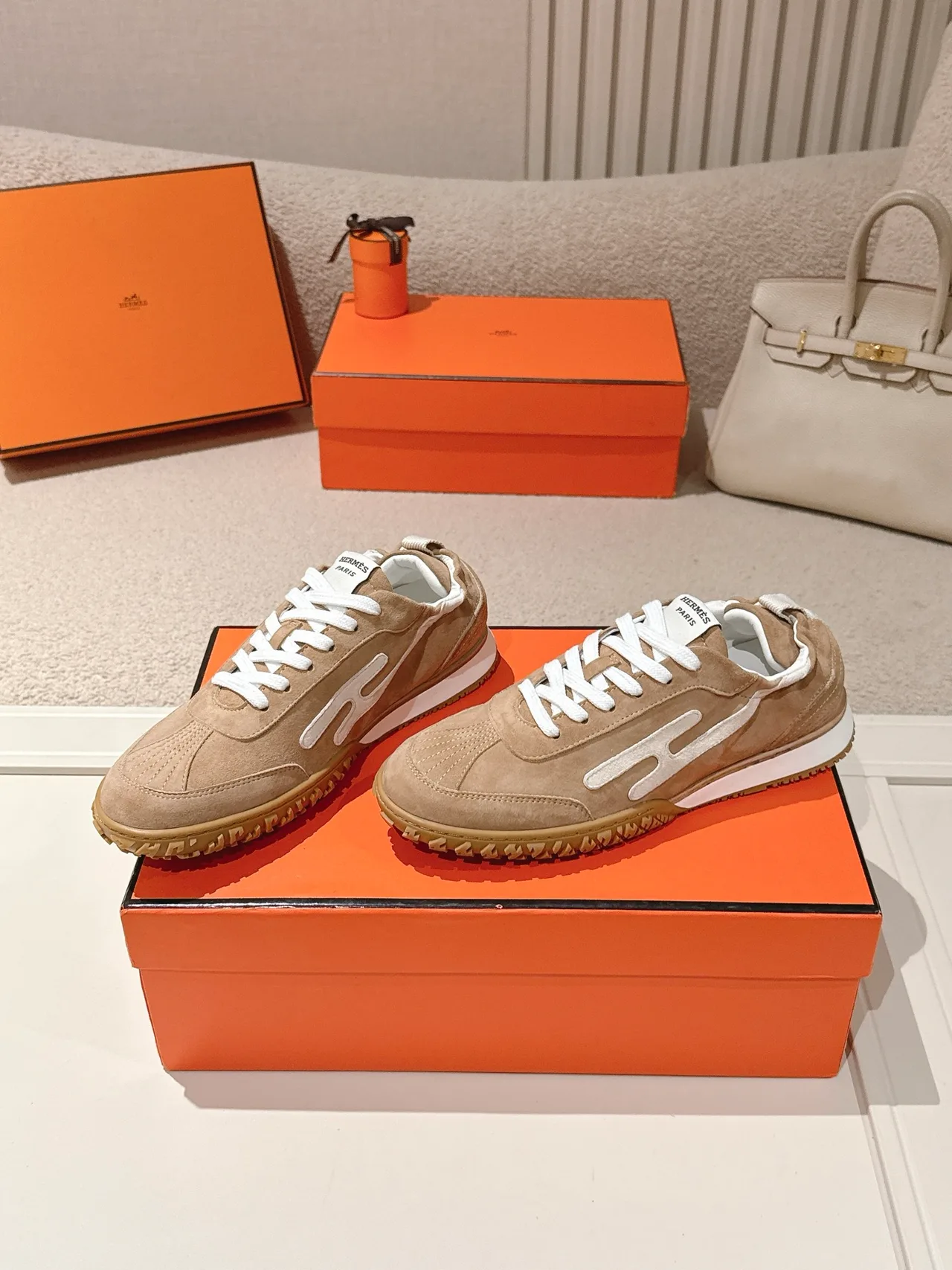 Hermes Sheepskin Suede Sneakers in Tan · view 2