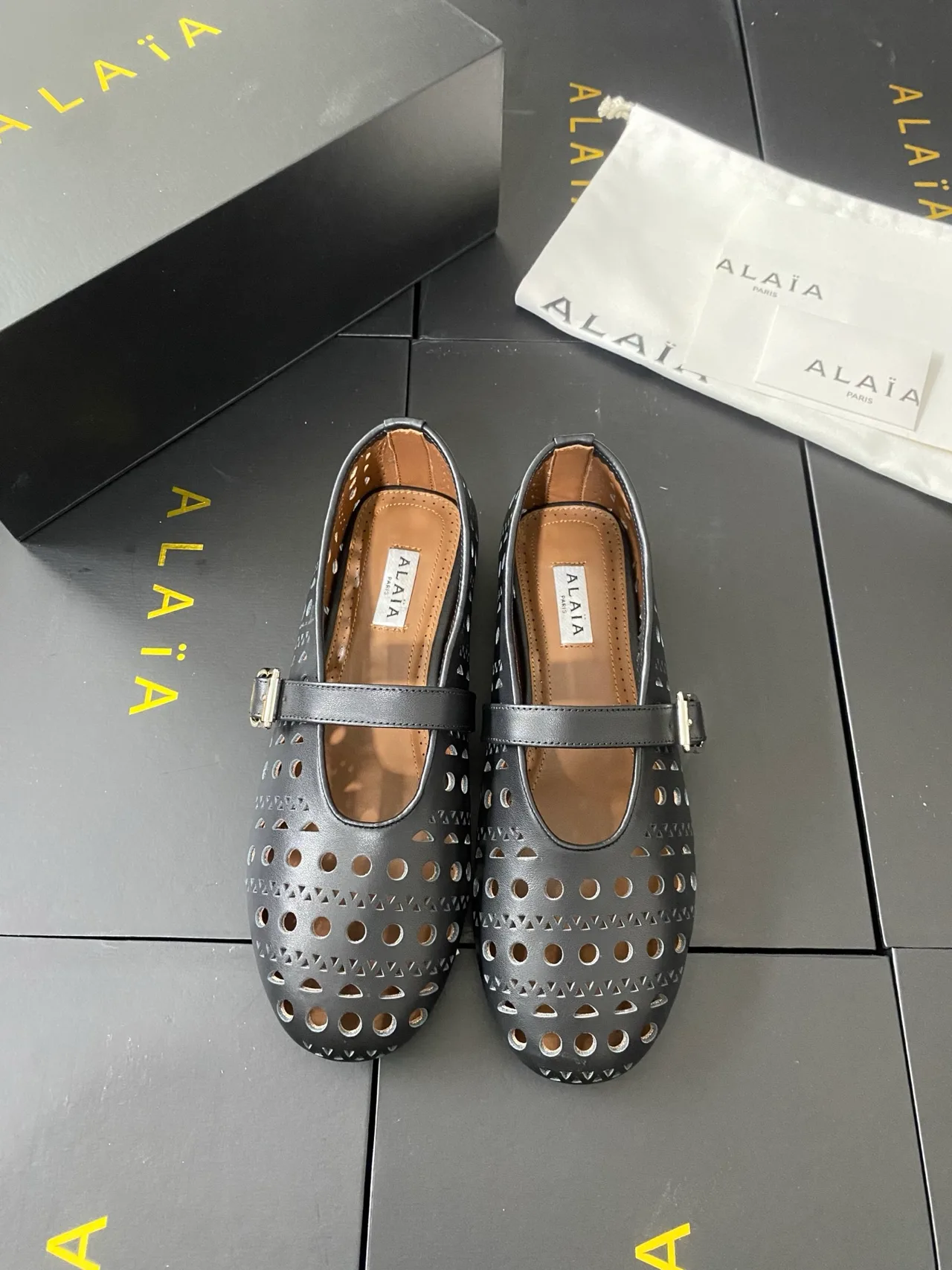 Alaia Cowhide Sheepskin Buckle Studded Mary Jane Flats in Black · view 1