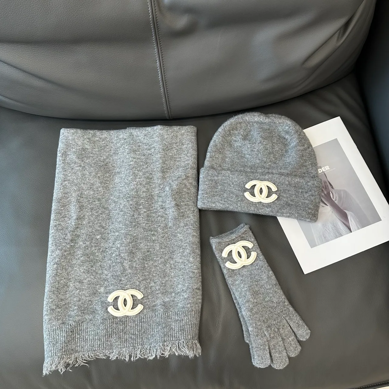 Chanel Hat Scarf and Gloves Set in White & Black & Grey & Beige · view 3
