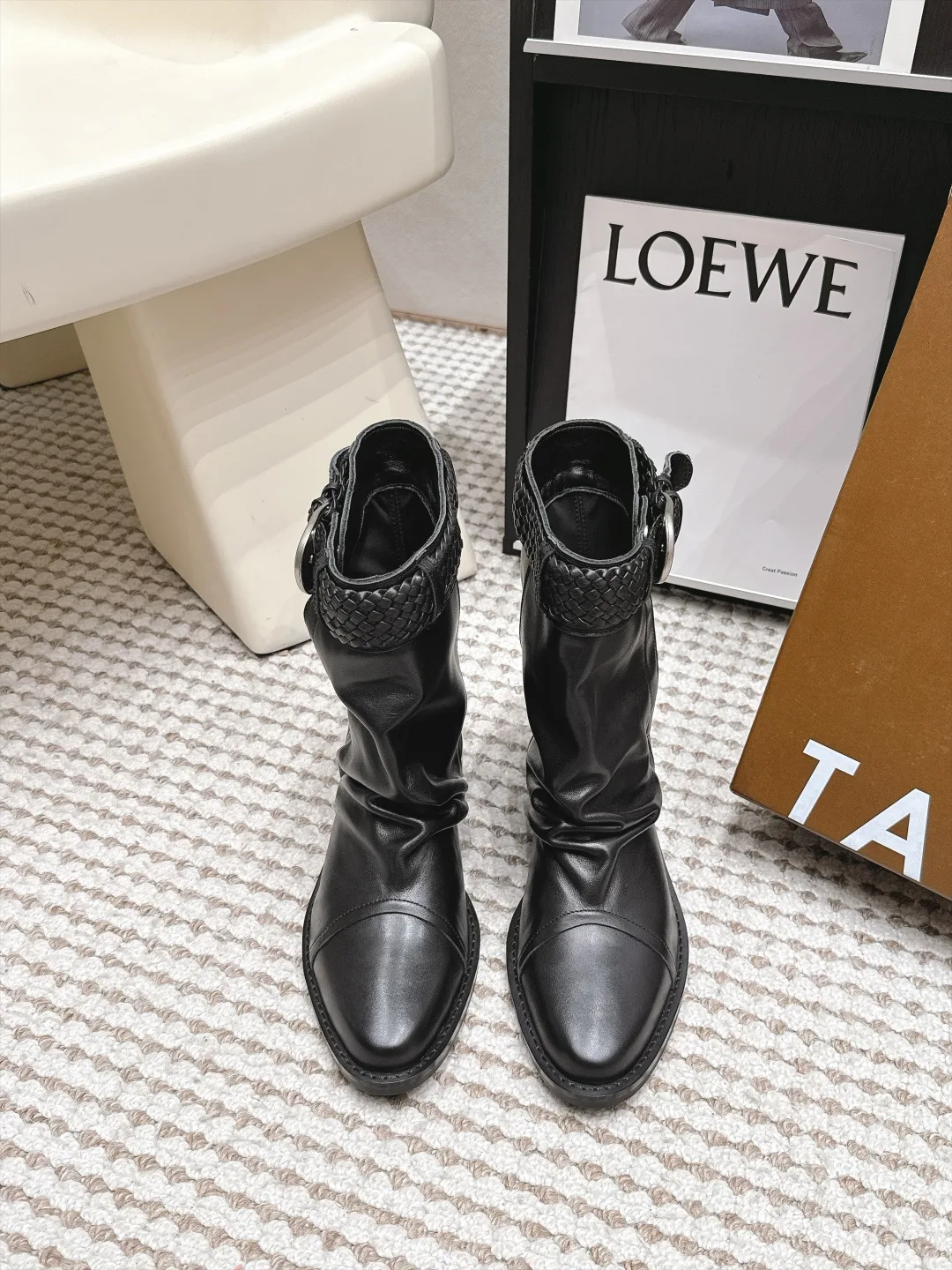 Loewe Woven Glossy Pointed-Toe Buckle Boots in Black · view 1