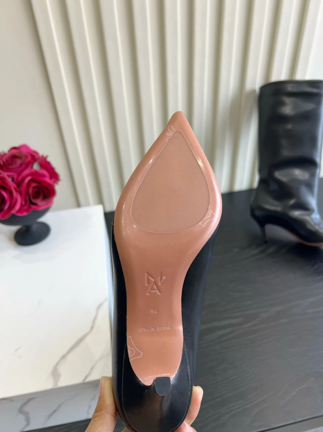 Amina Muaddi Cowhide Glossy Pointed-Toe Knee-High Boots in Black · view 5