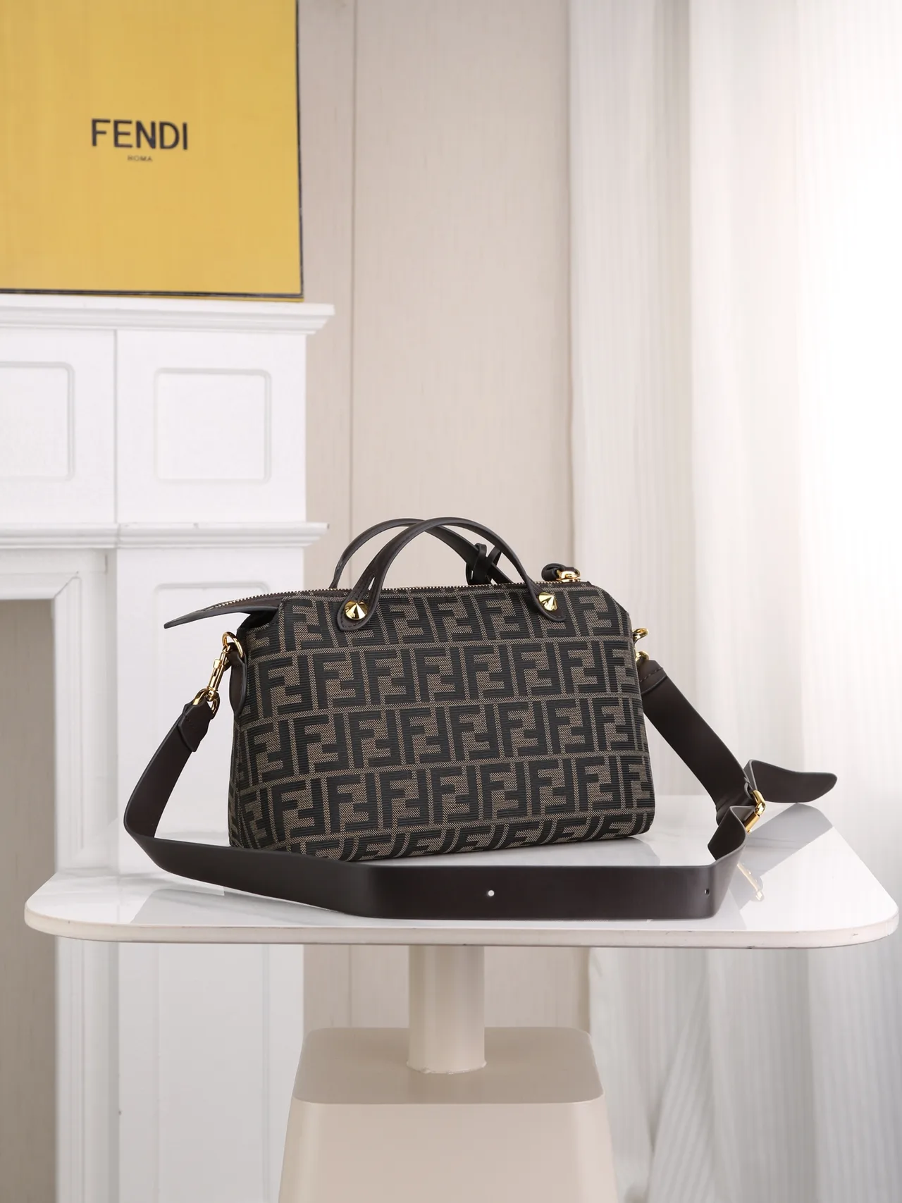 Fendi Calfskin FF-Monogram Top-Handle Zip Satchel in Brown · view 2