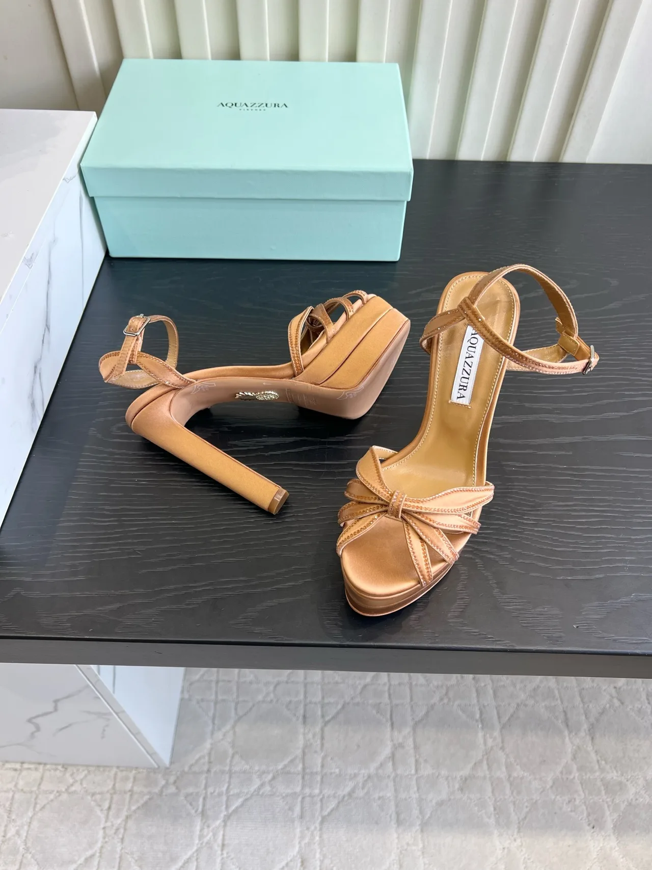 Aquazzura Silk Glossy Buckle Sandals in Tan · view 4