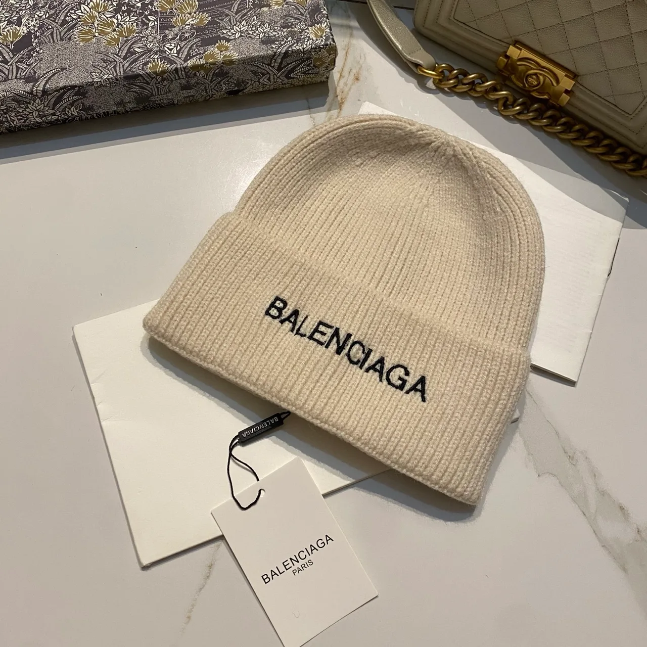 Balenciaga Logo knit beanie in Black & Beige & White & Grey · view 2