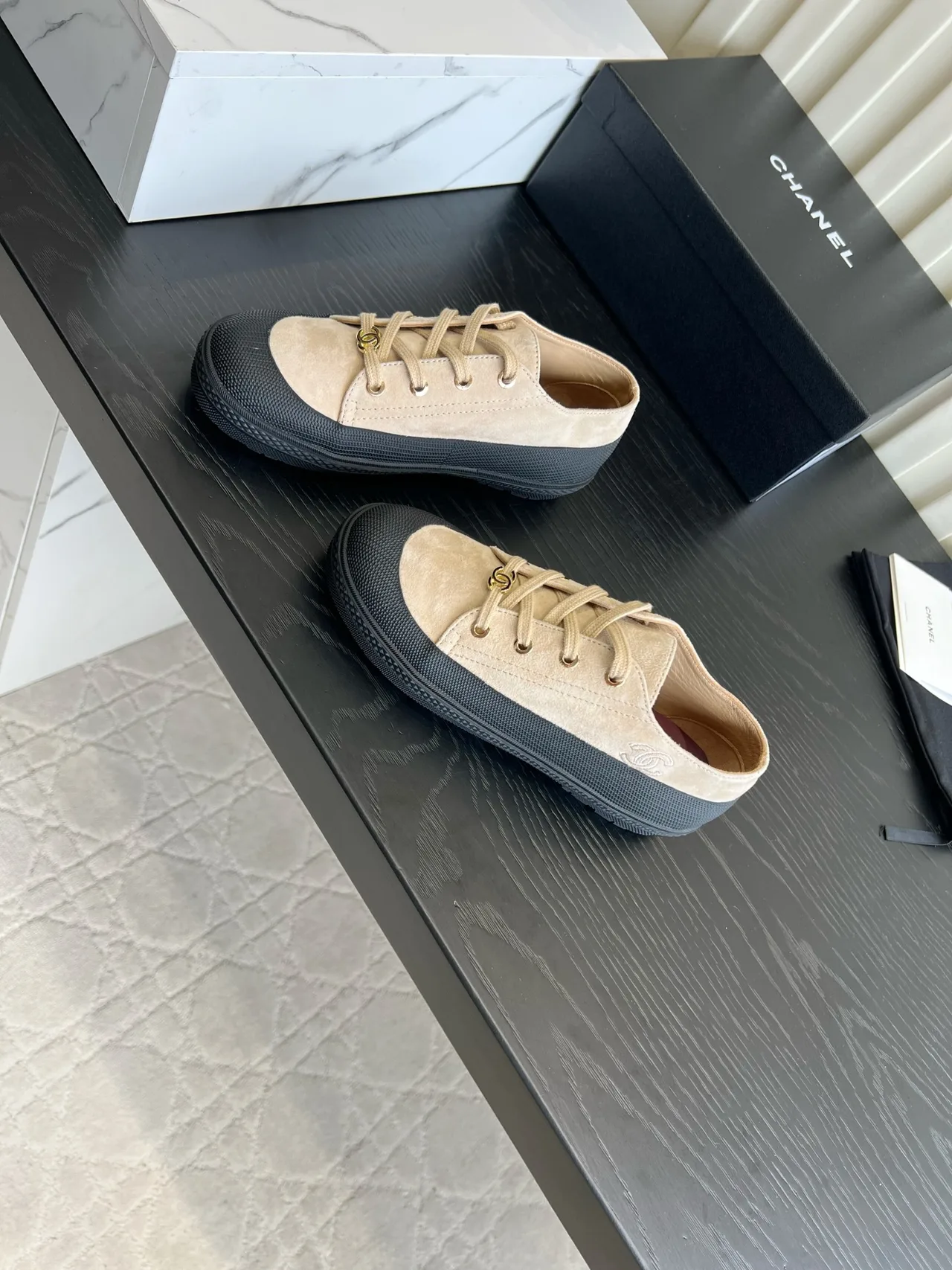 Chanel Suede-Look Round-Toe Sneakers in Beige · view 2