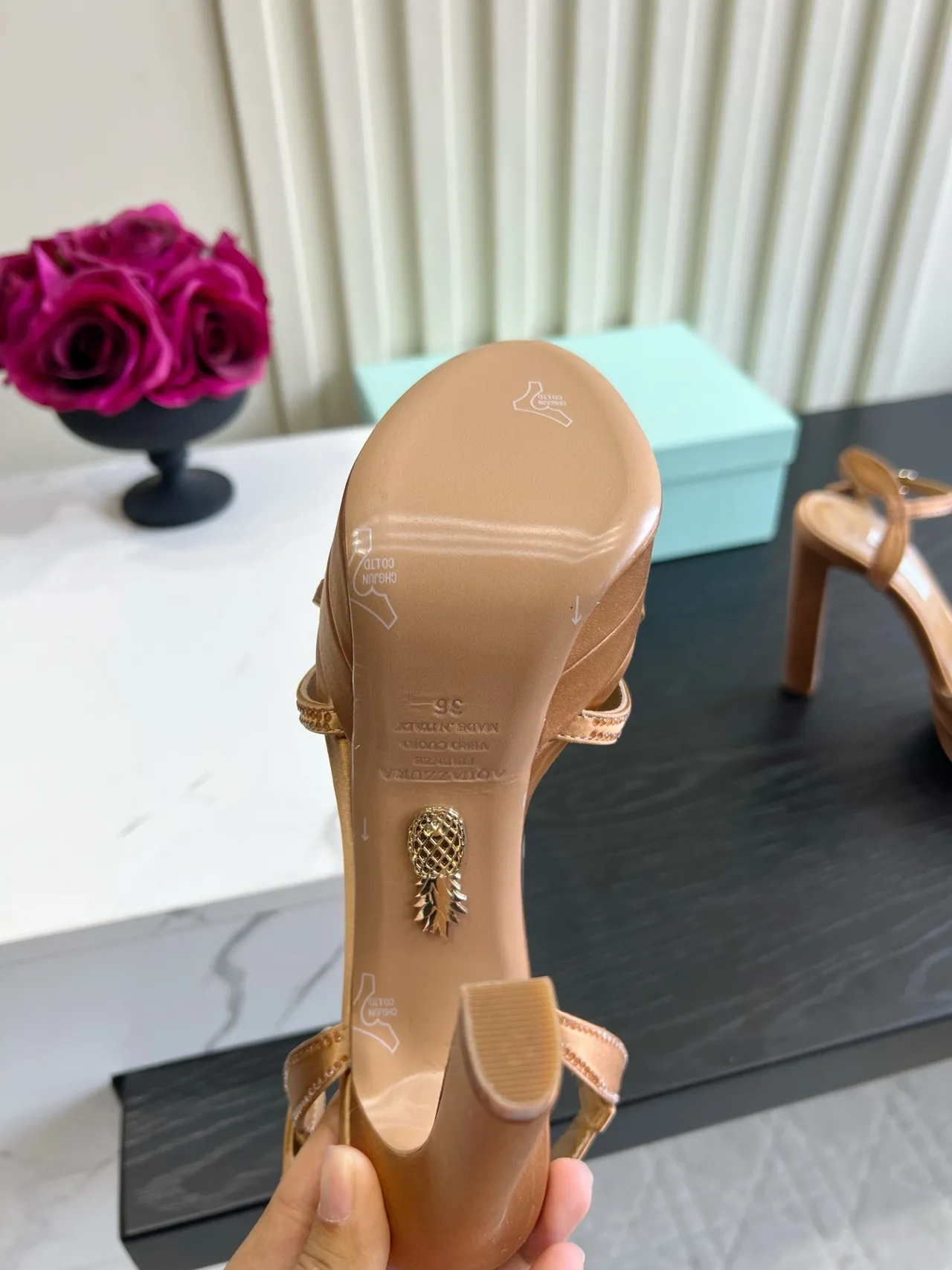 Aquazzura Silk Glossy Buckle Sandals in Tan · view 6