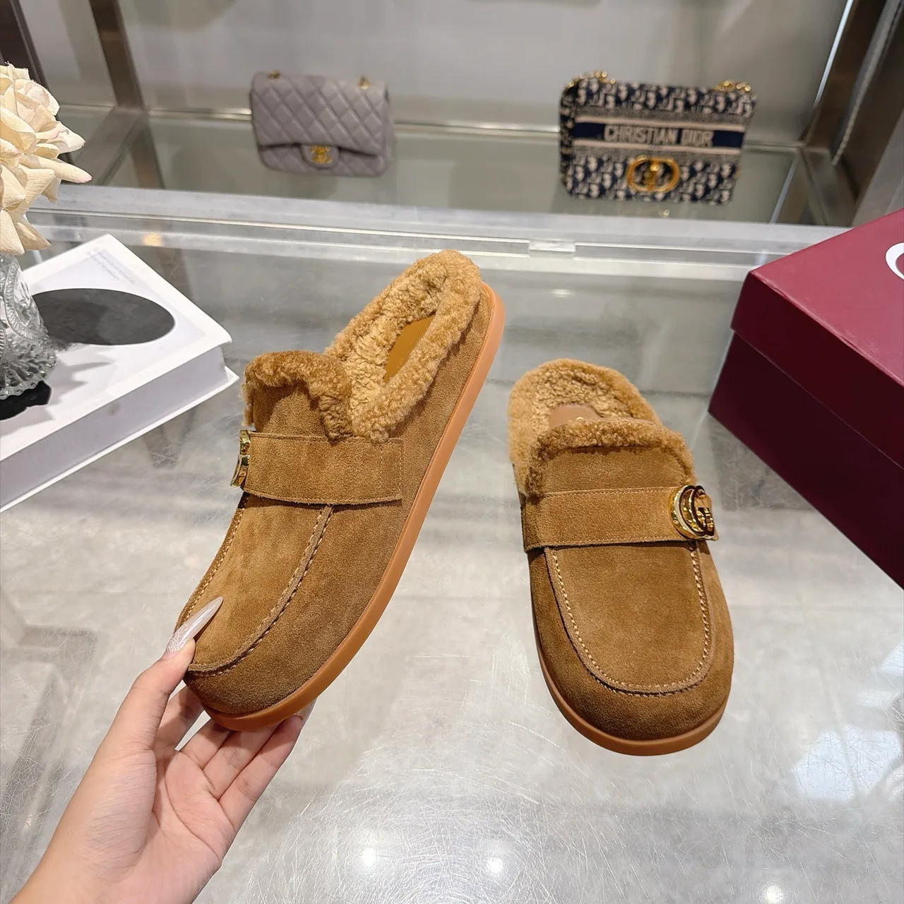 Gucci Cowhide Wool Suede-Look Mules in Tan · view 6