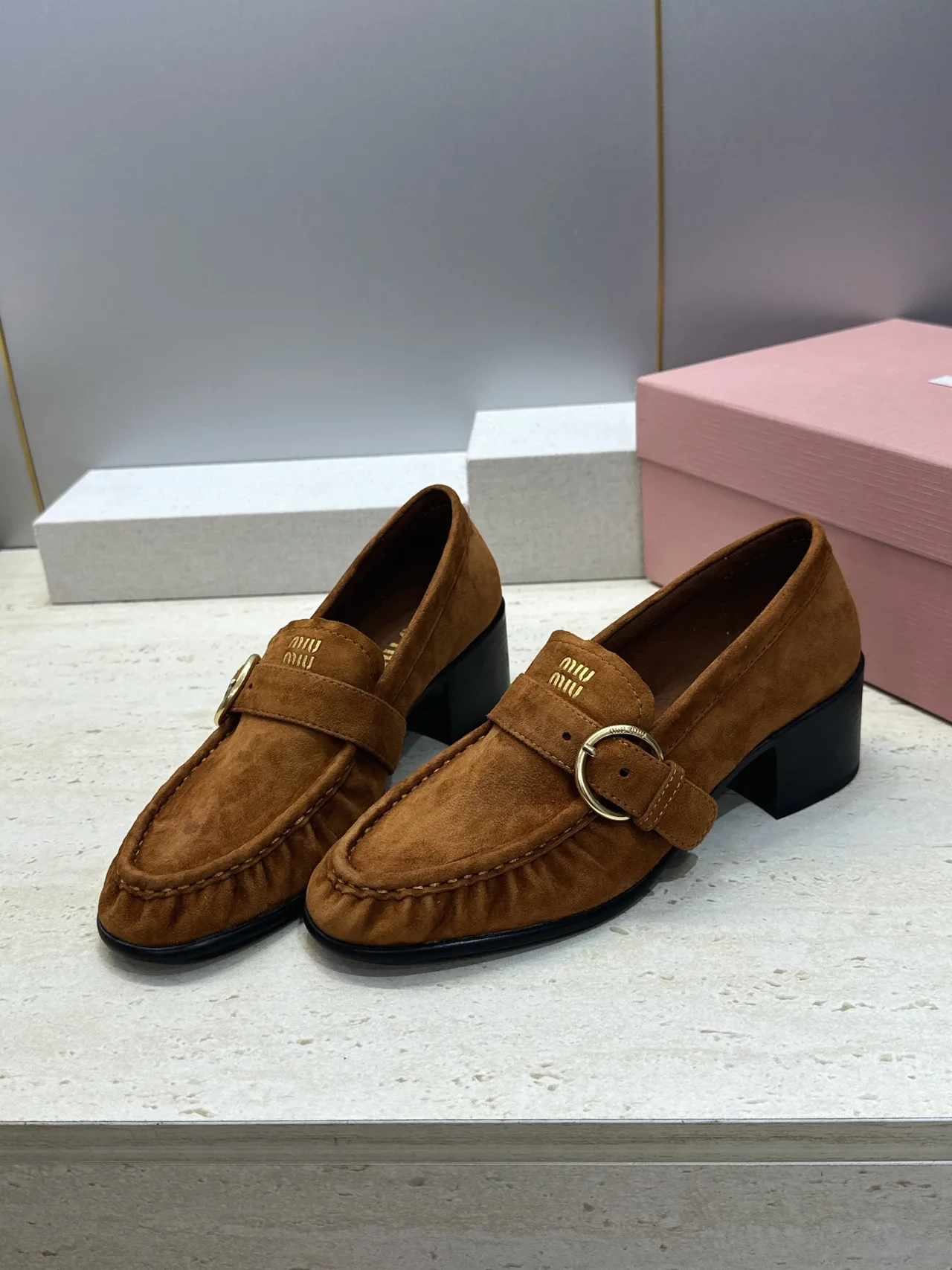 Miu Miu Cowhide Sheepskin Buckle Suede Heeled Loafers in Tan · view 3