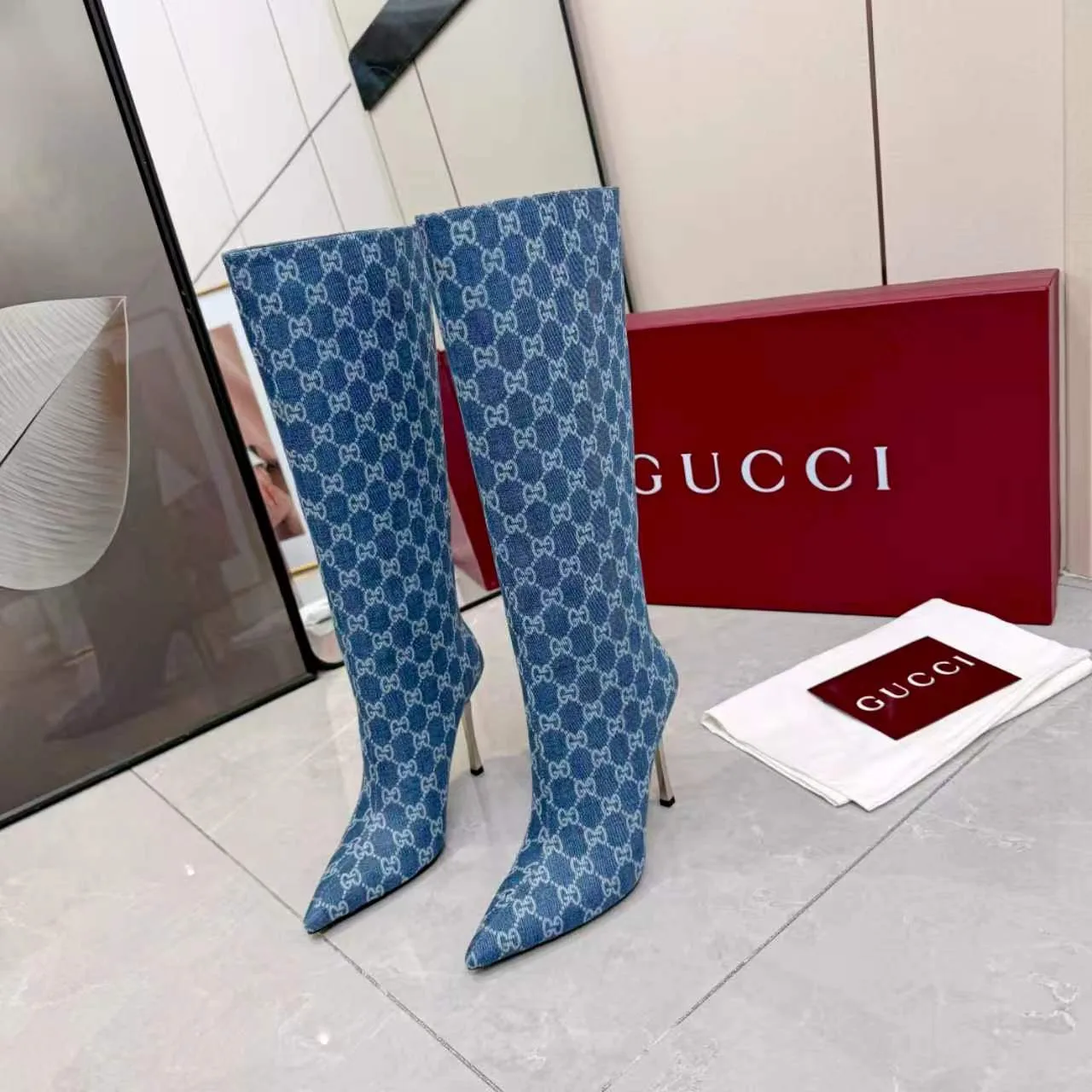 Gucci Cowhide Pointed-Toe Knee-High Boots in Blue · view 1