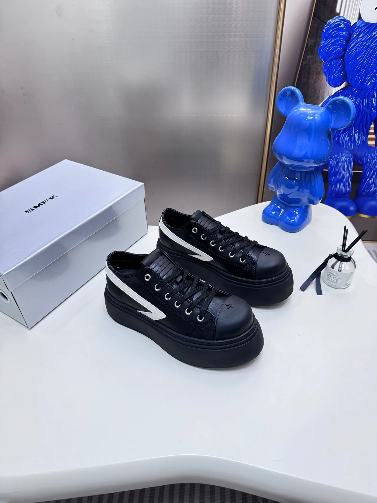 SMFK Cowhide Canvas Striped Lace-Up Platform Derby Shoes in Black · view 1