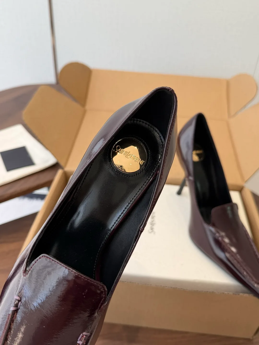 Saint Laurent Cowhide Glossy Pointed-Toe Pumps in Burgundy · view 7