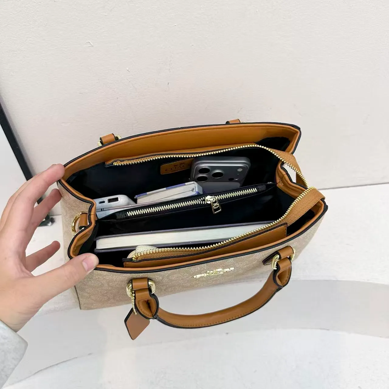 Coach 9176 Satchel in Beige & Black & Grey · view 6