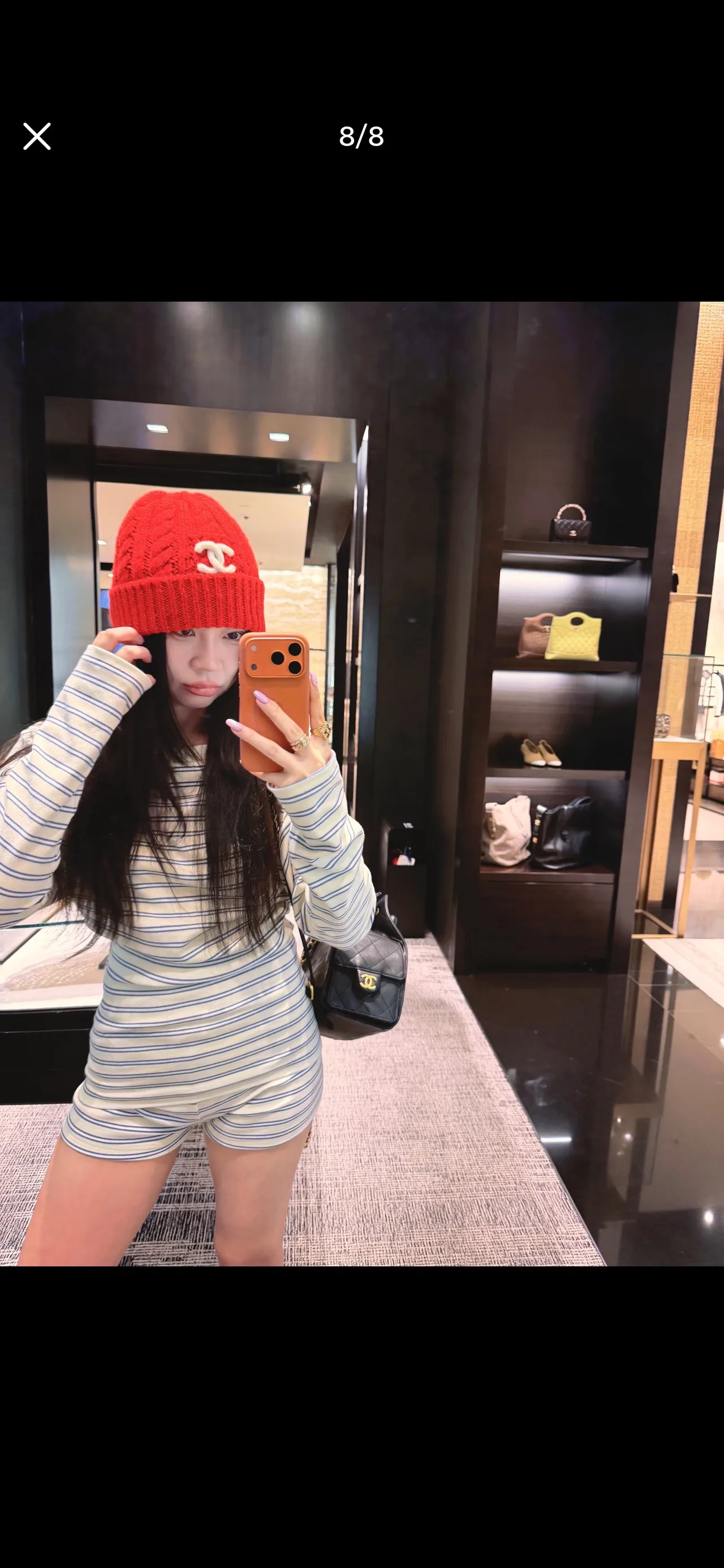 Chanel Cable-Knit Beanie in Red & Beige & Black · view 4