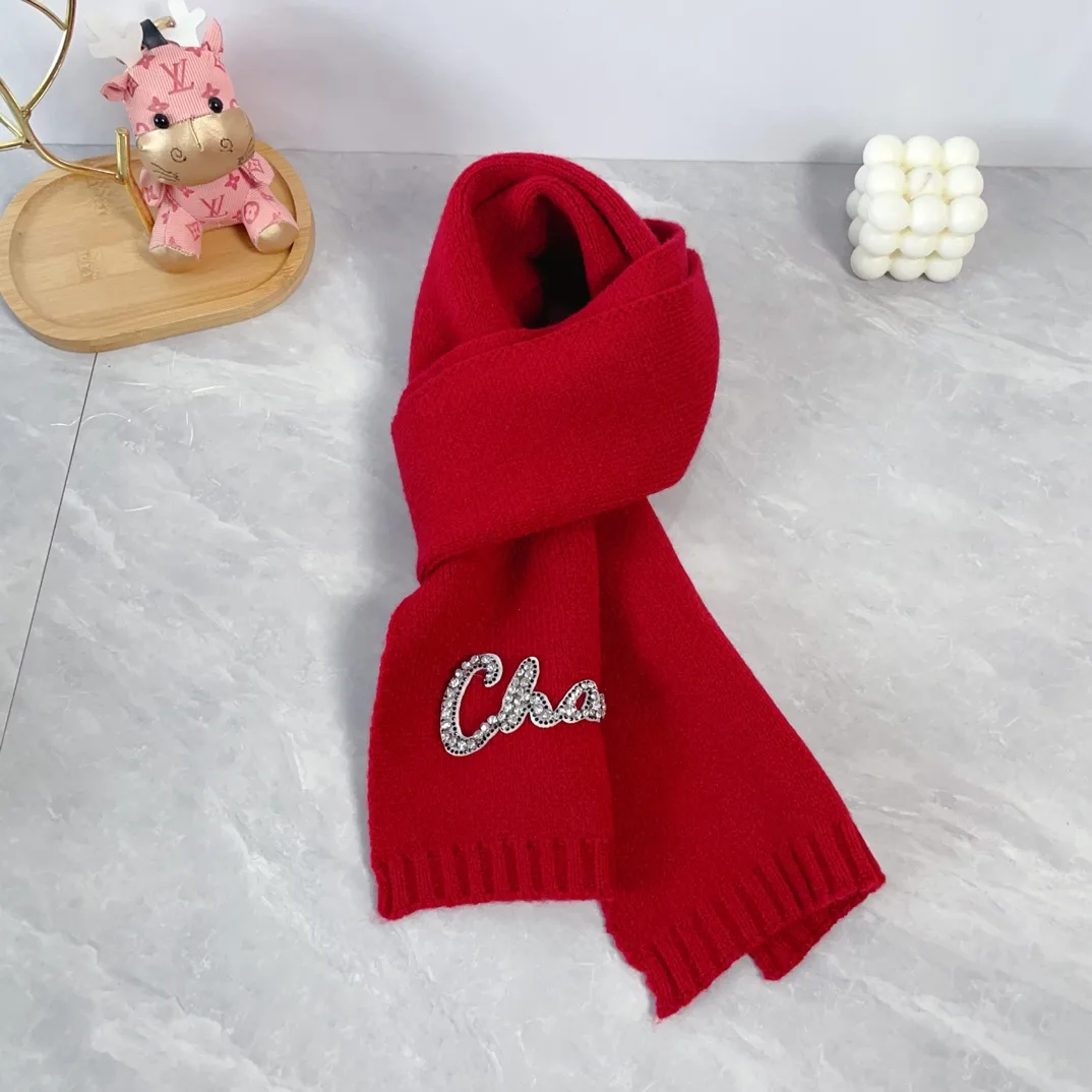 Chanel Wool Ribbed Embroidered Pom-Pom Hat and Scarf Set in Red · view 5
