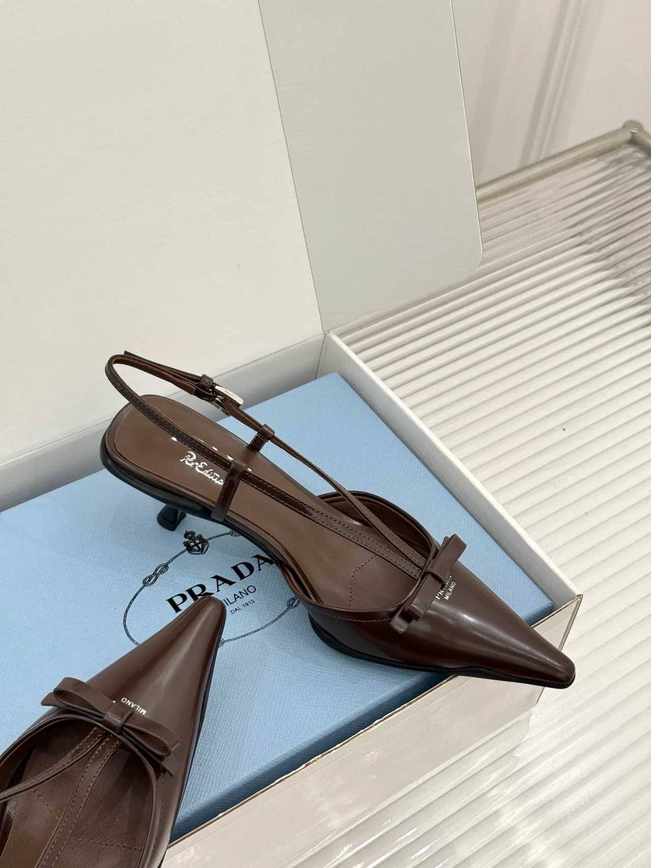 Prada Lambskin Pointed Slingback Pumps in Brown · view 5
