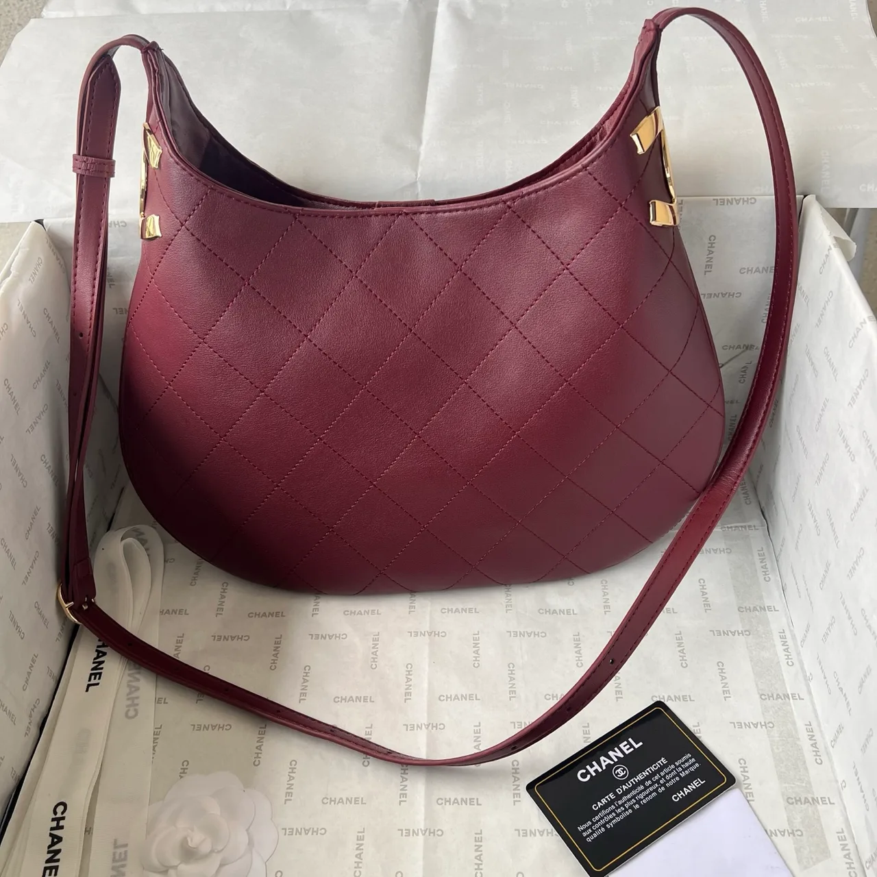 Chanel Quilted Hobo Bag in Burgundy · view 1
