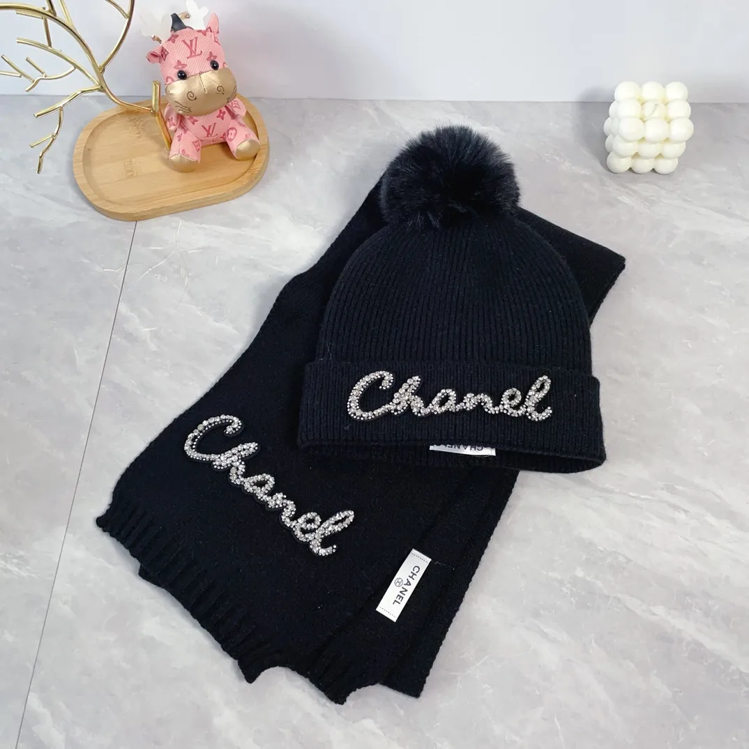 Chanel Wool Ribbed Embroidered Hat and Scarf Set in Black · view 3