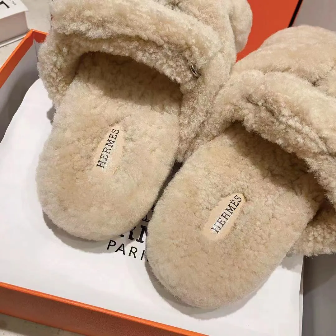 Hermes Sheepskin Chypre Shearling Slides in White · view 5