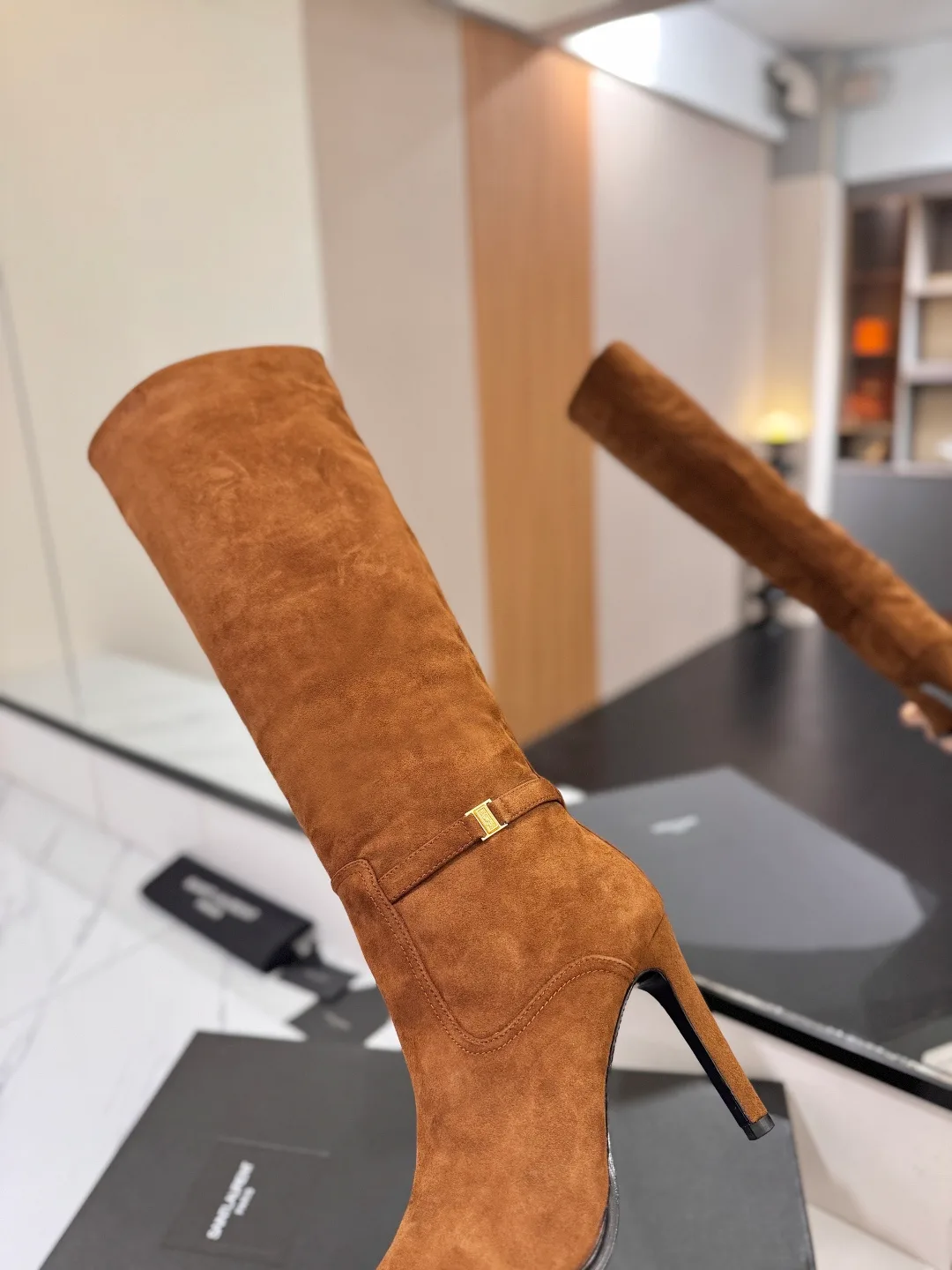 Saint Laurent Cowhide Sheepskin Glossy Suede-Look Buckle Knee-High Boots in Brown · view 8