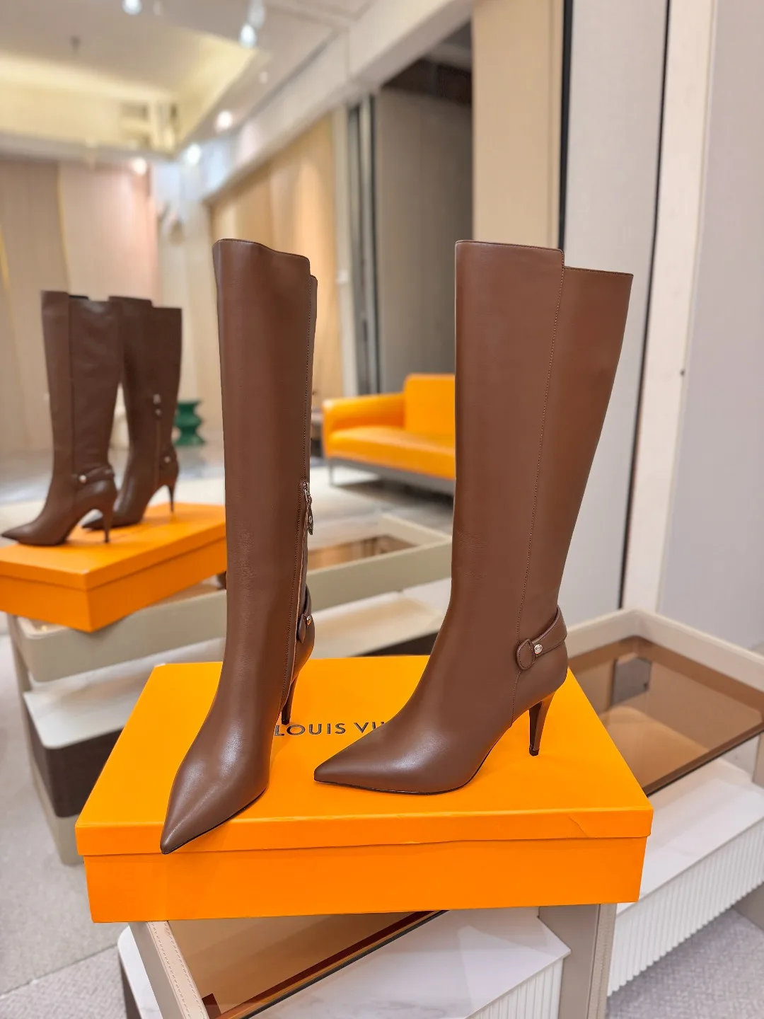 Louis Vuitton Calfskin Knee-High Stiletto Boots in Brown · view 6