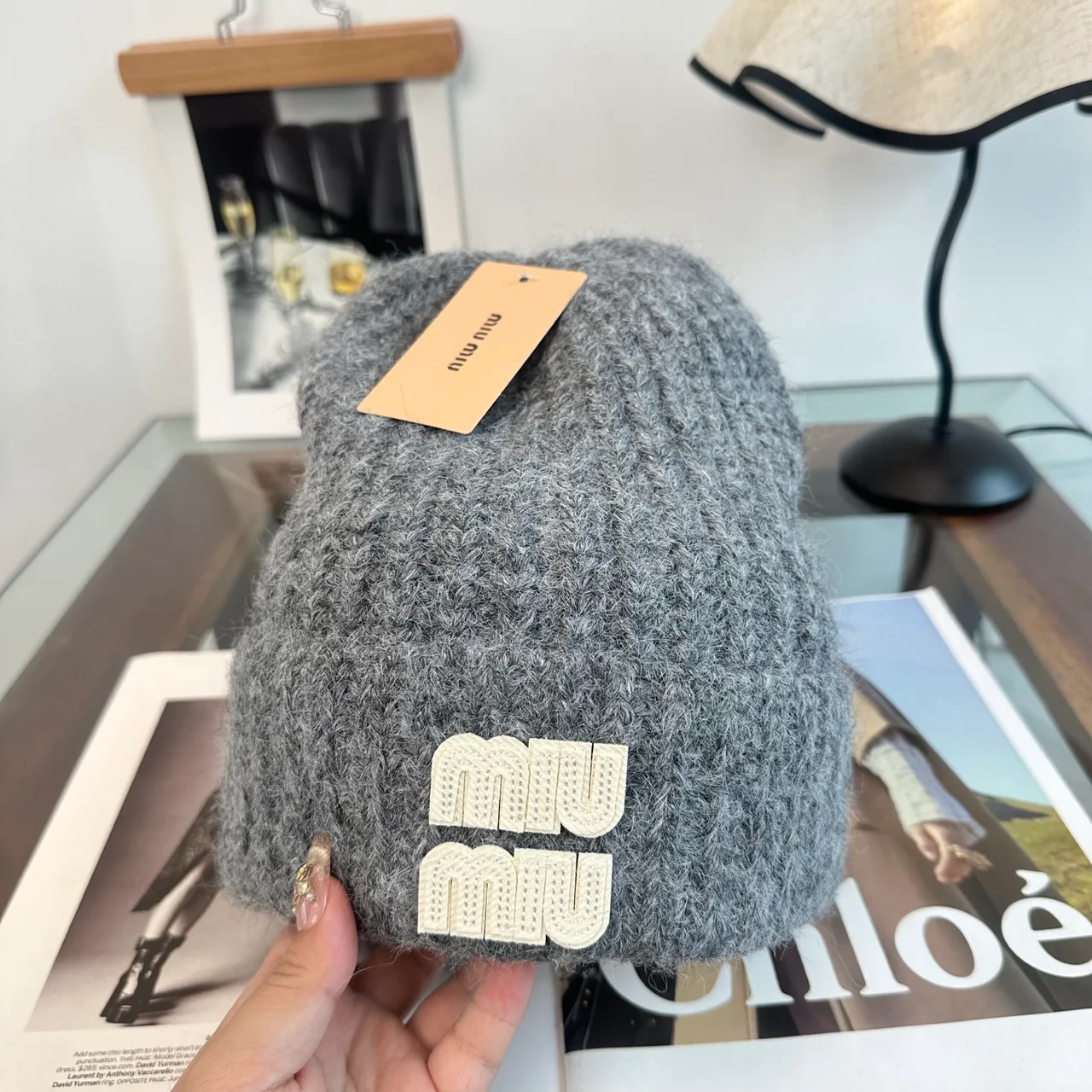 Miu Miu Beanie in Grey & Beige · view 3