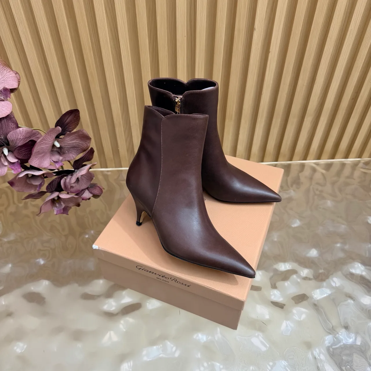 Gianvito Rossi Smooth Pointed-Toe Pointed Ankle Boots in Brown · view 2