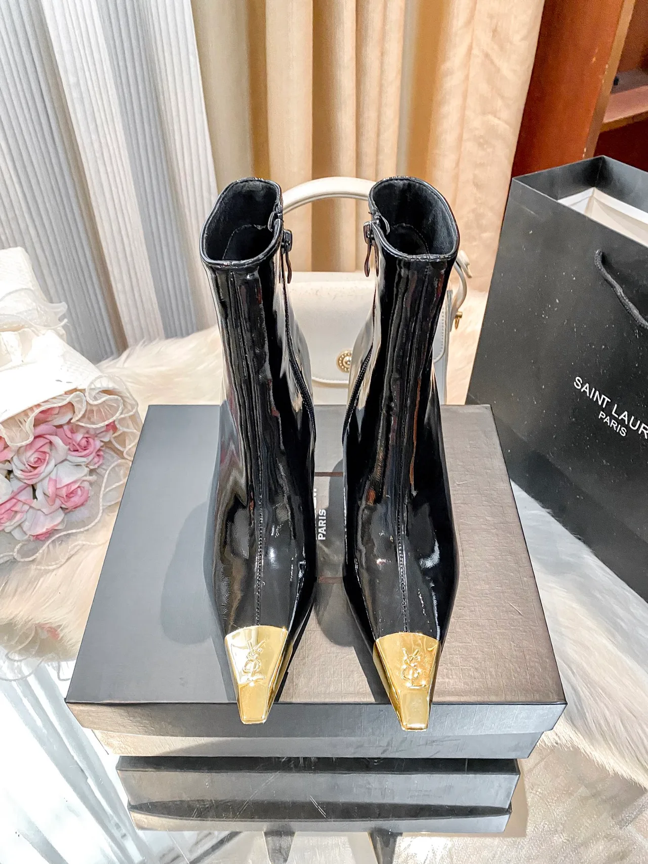 Saint Laurent Glossy Ankle Boots in Black · view 2
