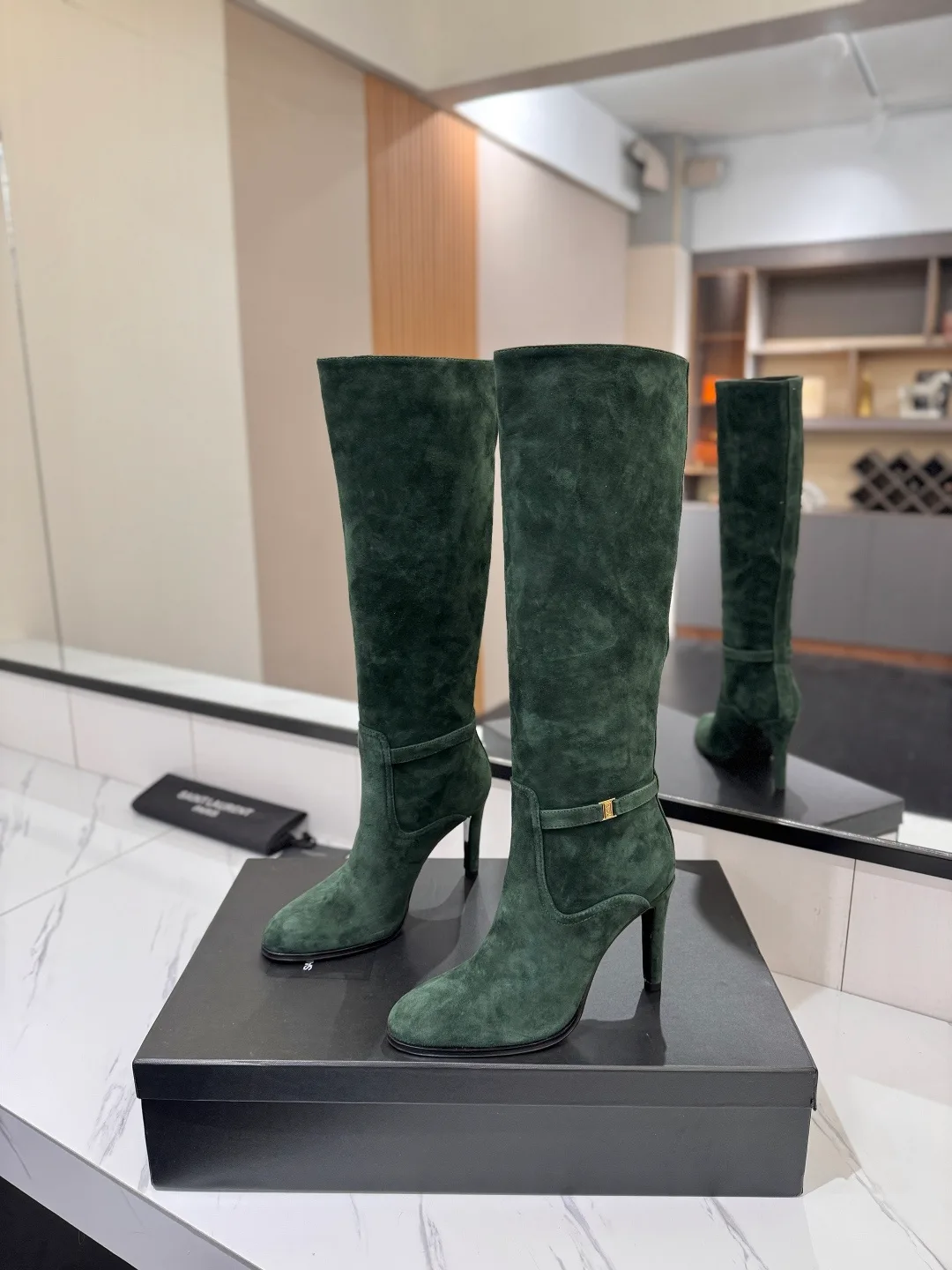 Saint Laurent Cowhide Sheepskin Suede-Look Pointed-Toe Buckle Boots in Green · view 2