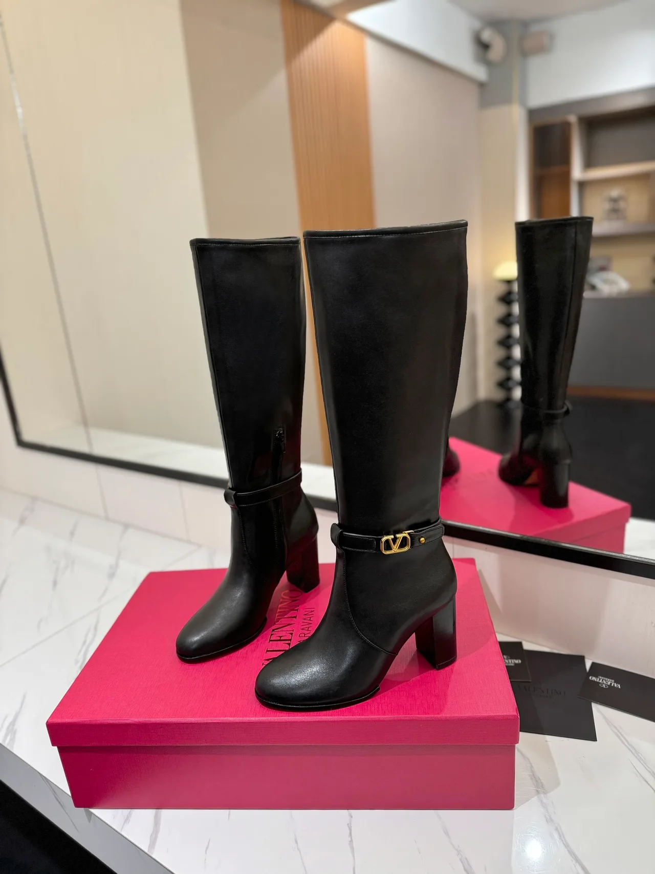 Valentino Calfskin Glossy Buckle Knee-High Boots in Black · view 2