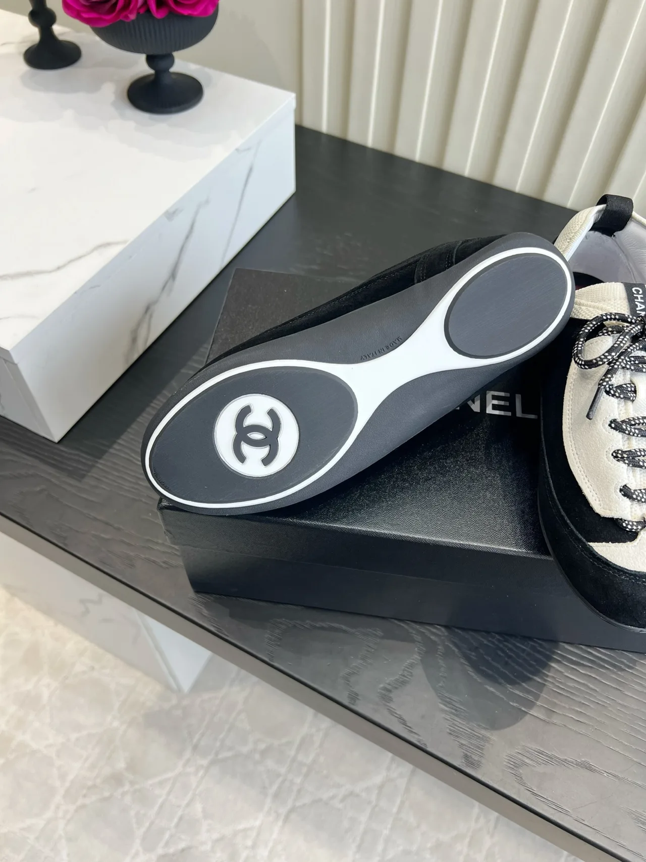 Chanel Cowhide Suede-Look Sneakers in Black · view 6