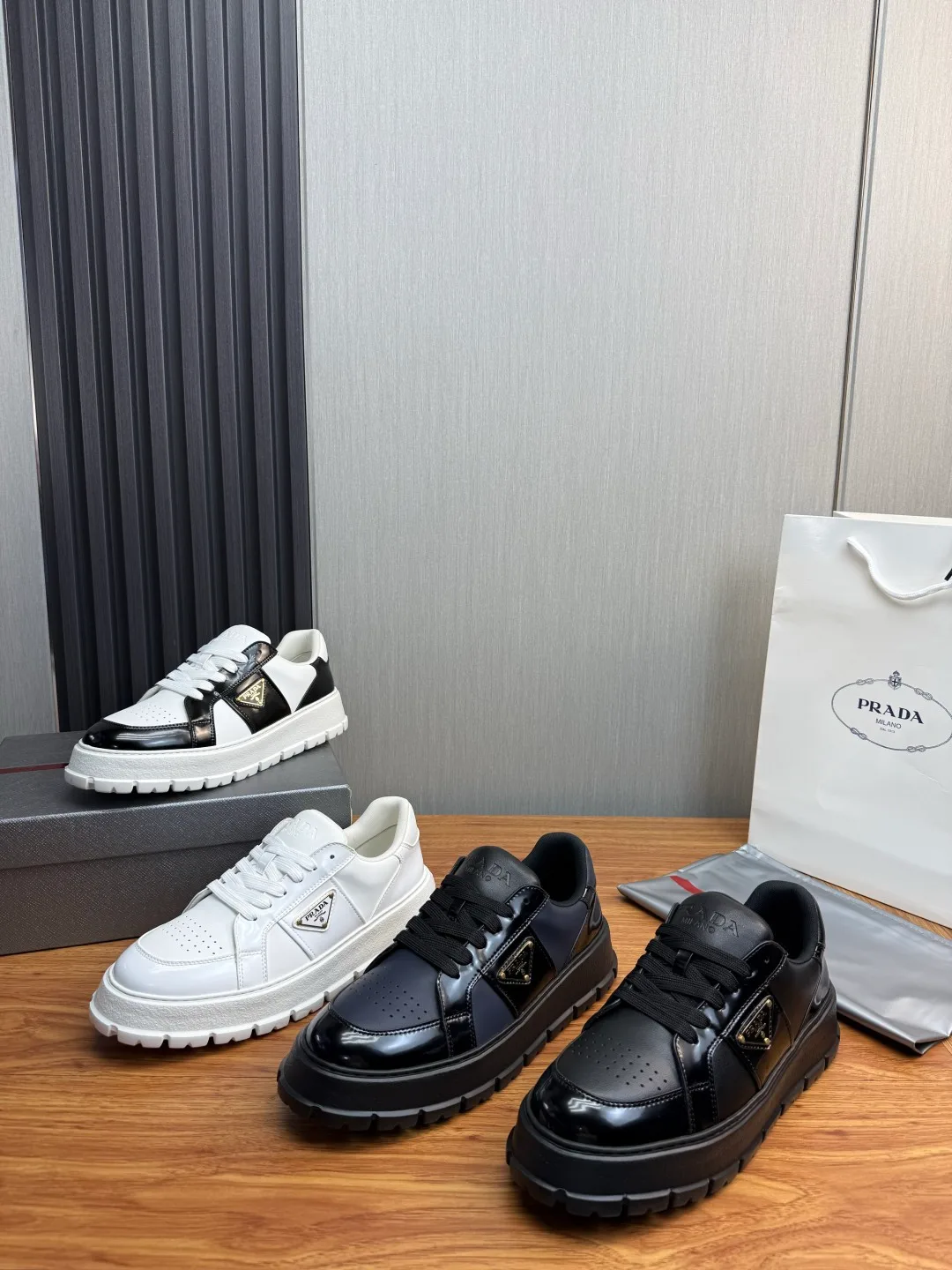 Prada Leather Sneakers in White & Black · view 1