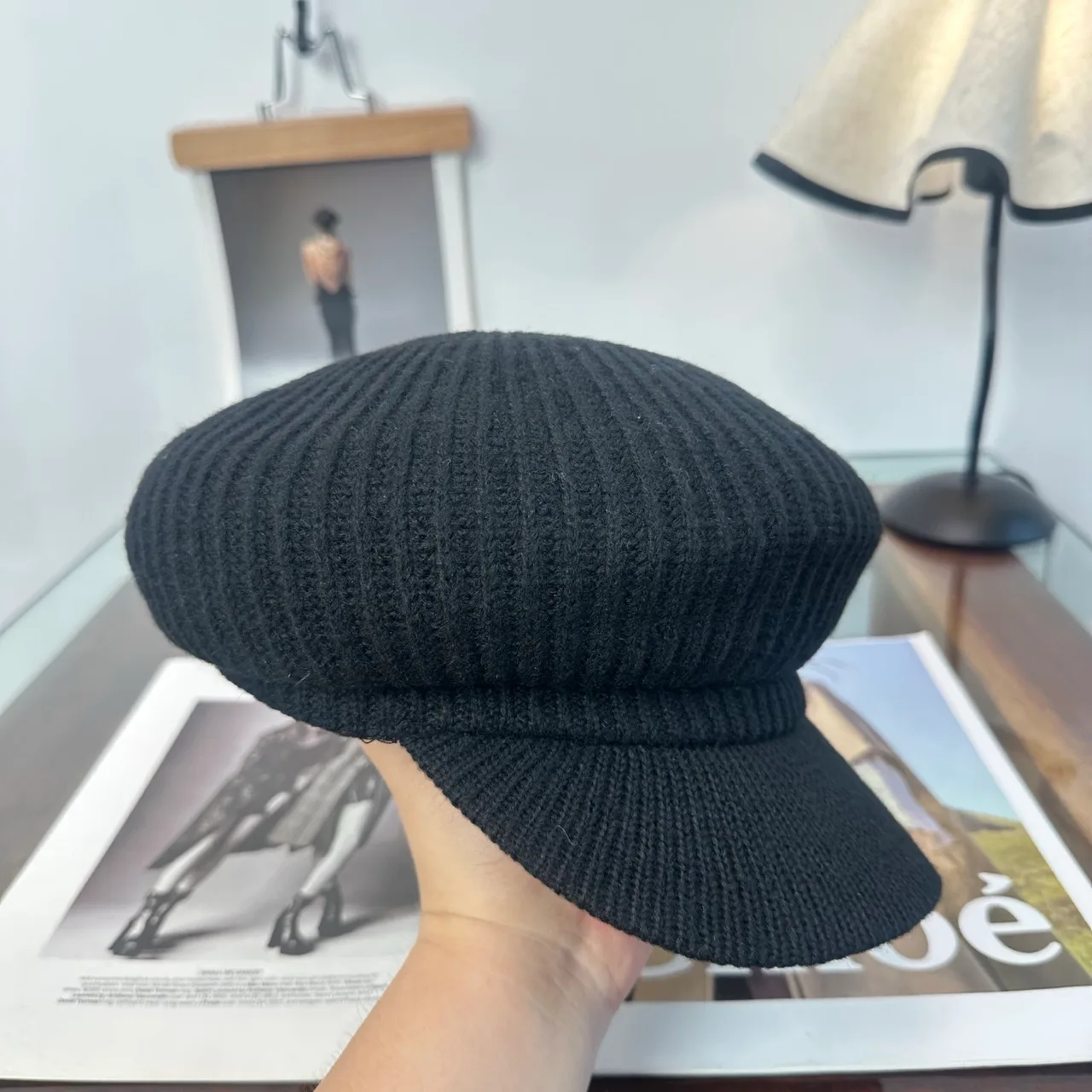 Miu Miu Ribbed Newsboy Cap in Black · view 6