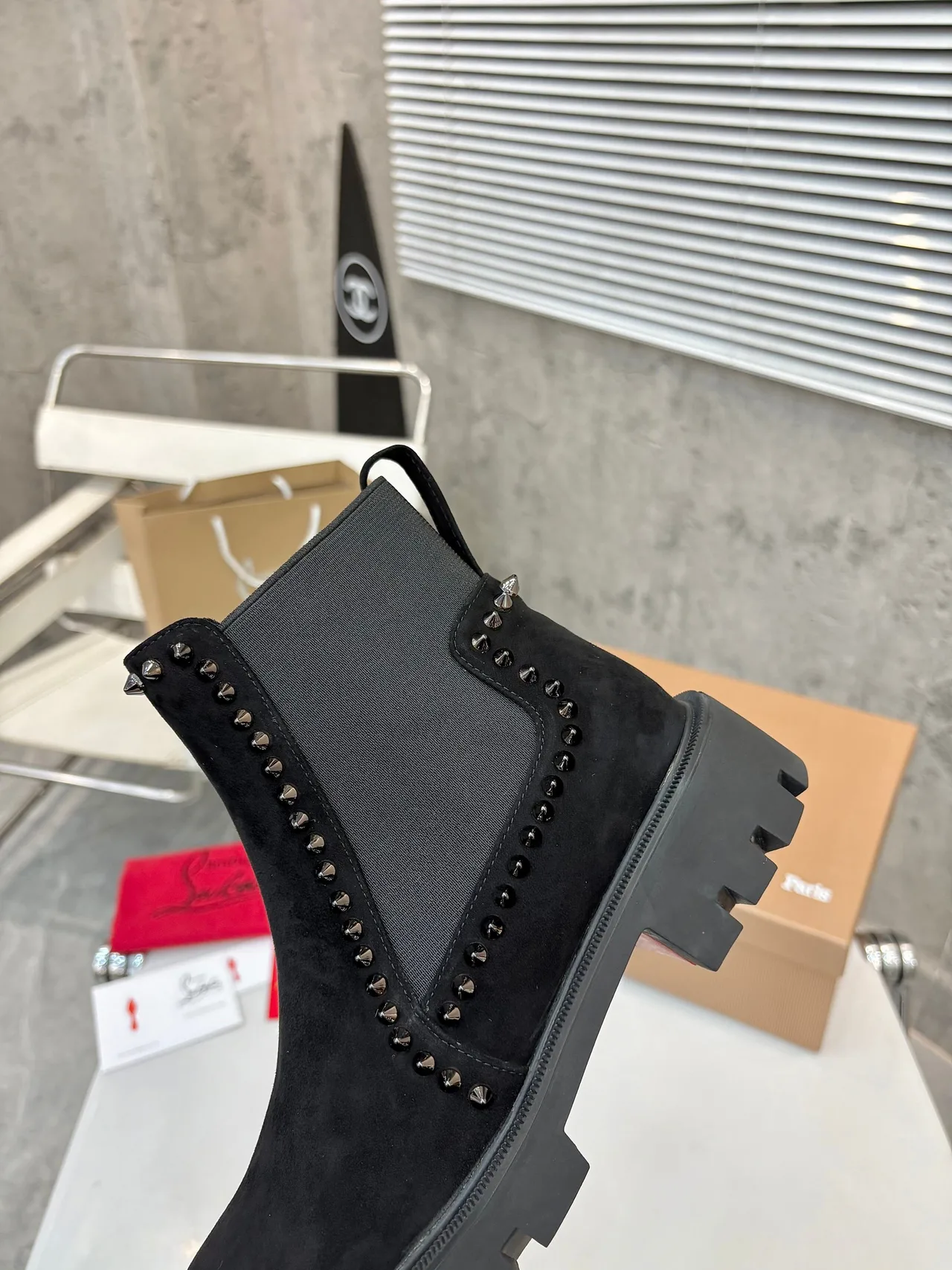 Christian Louboutin Studded Chelsea Boots in Black & Brown & Grey · view 8
