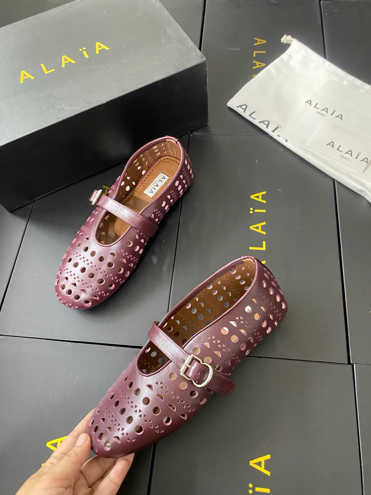 Alaia Cowhide Sheepskin Smooth Buckle Ballet Flats in Pink · view 7