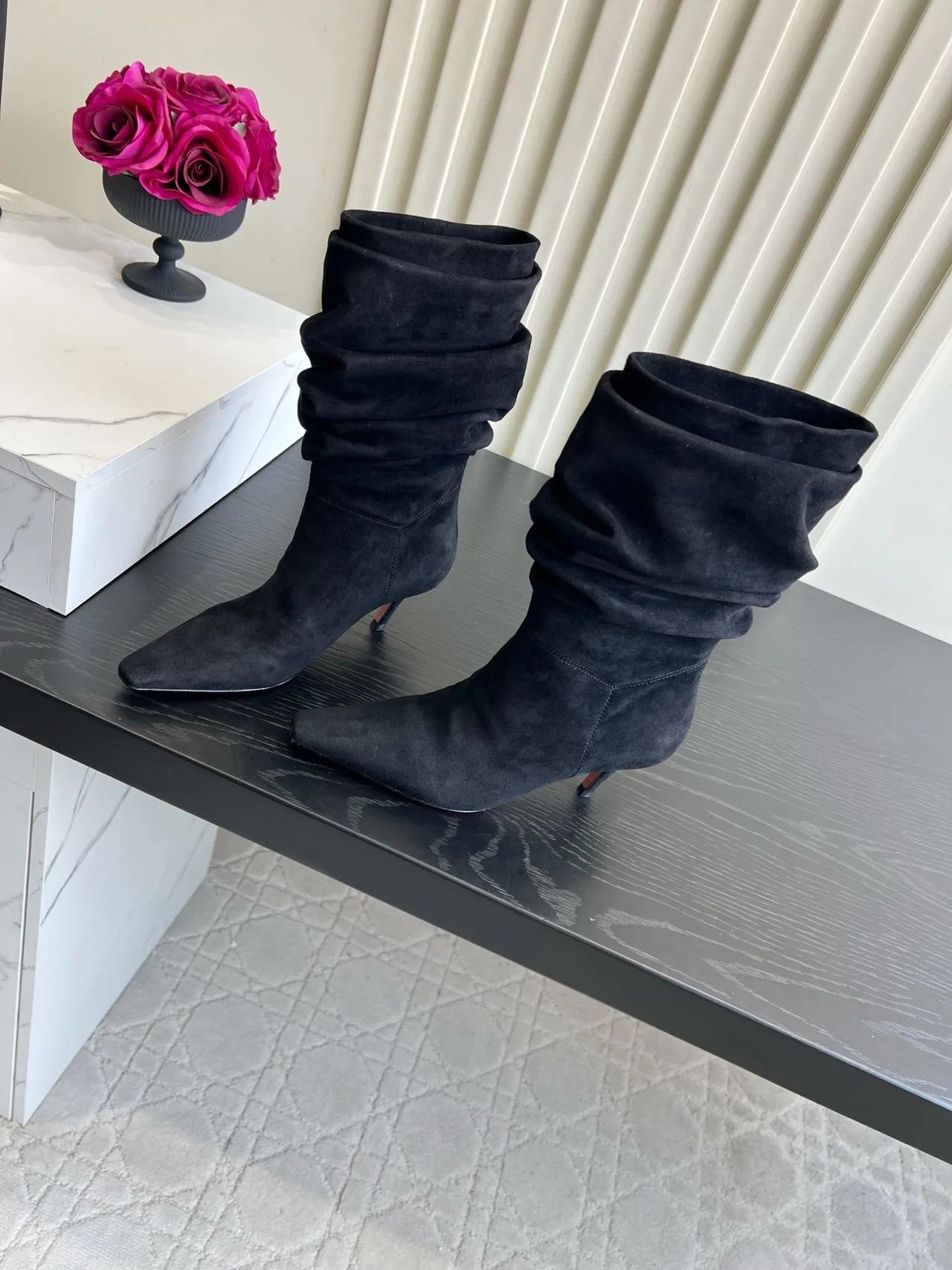 Amina Muaddi Cowhide Glossy Pointed-Toe Boots in Black · view 2