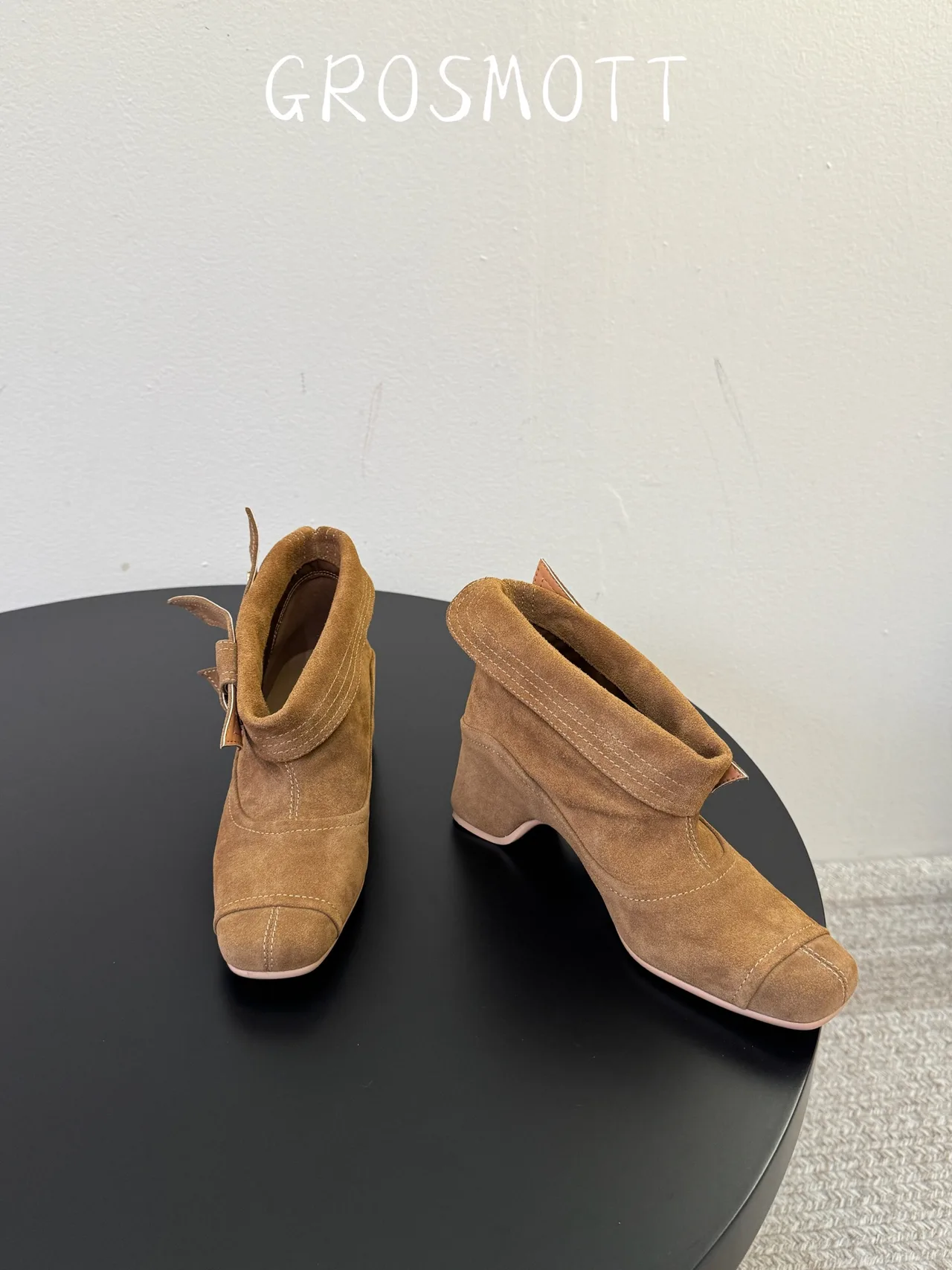 Sheepskin Suede-Look Square-Toe Buckle Ankle Boots in Brown · view 2