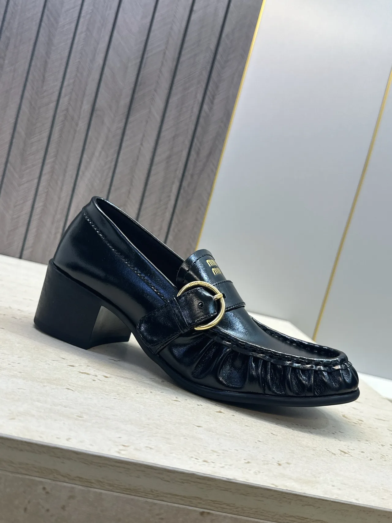 Miu Miu Cowhide Sheepskin Square-Toe Buckle Heeled Loafers in Black · view 6